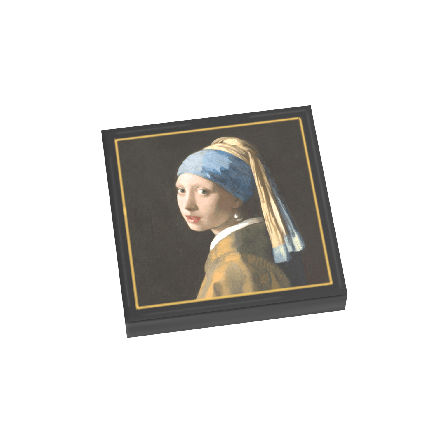 Famous painting the Girl with a pearl Earring with a black and gold frame printed on a LEGO tile on white background.