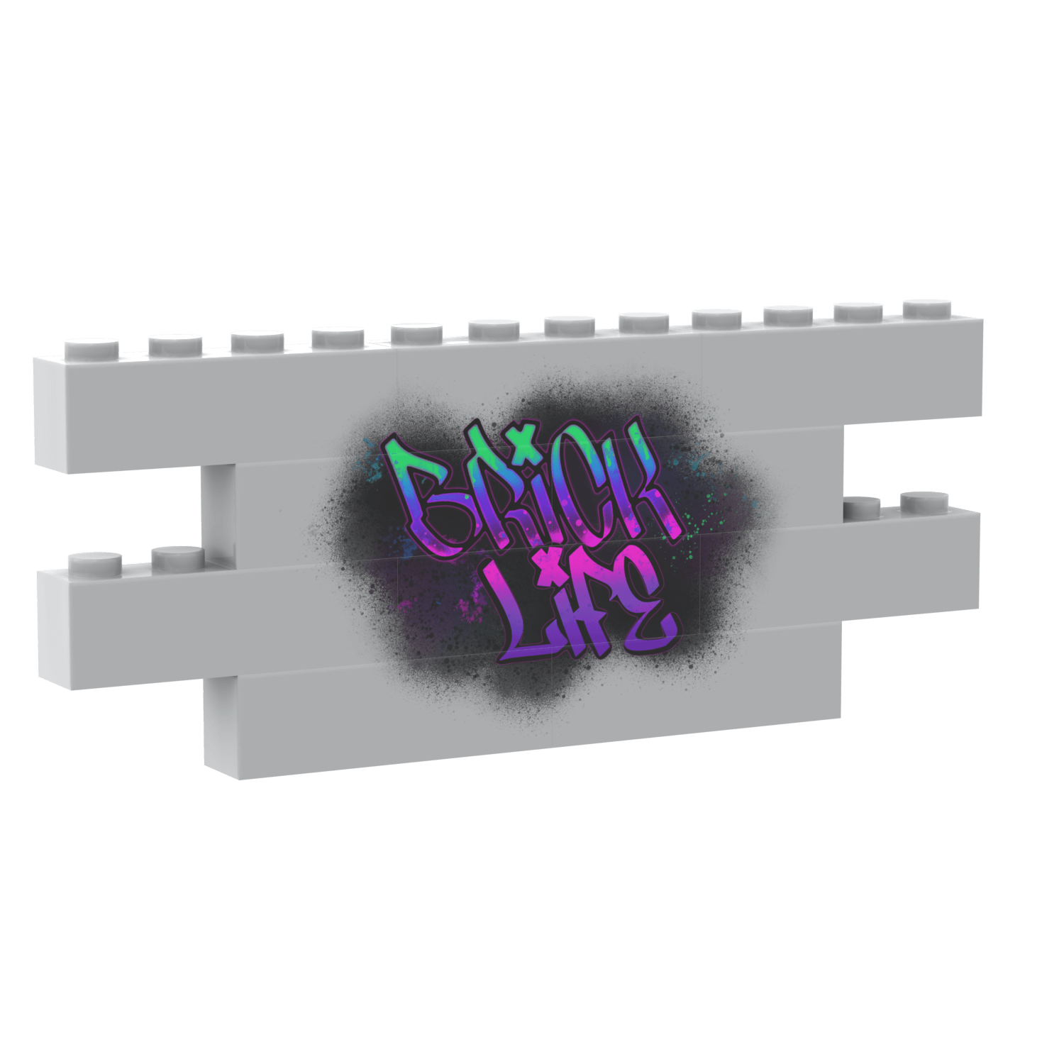 Gray LEGO bricks with colorful "Brick Life" graffiti on a white background