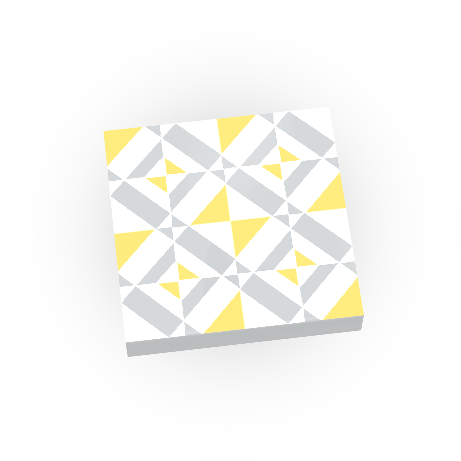 A custom printed 2x2 tile featuring a geometric pattern with yellow, gray, and white colors, made with LEGO pieces.