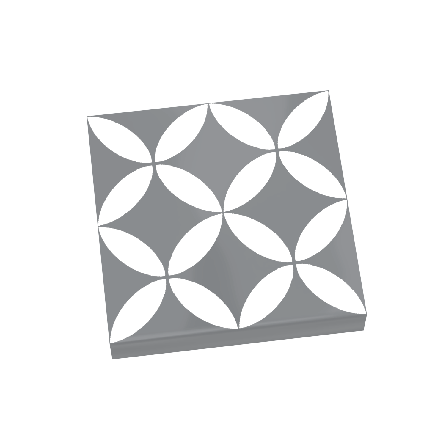 A dark gray 2x2 Lego tile with a custom white geometric floral print on it.