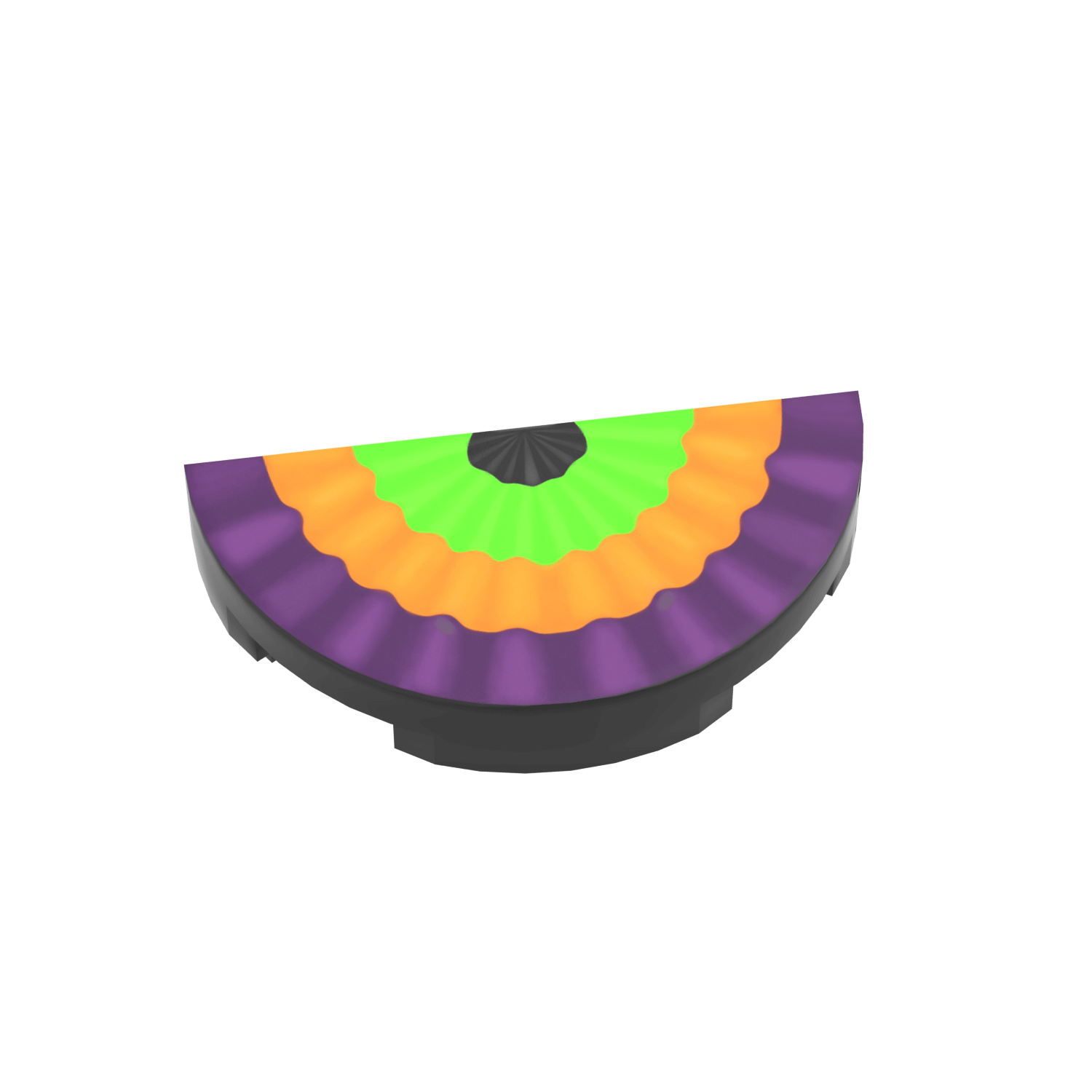 Decorative lego half tile with halloween purple, green, and orange colors on a black background