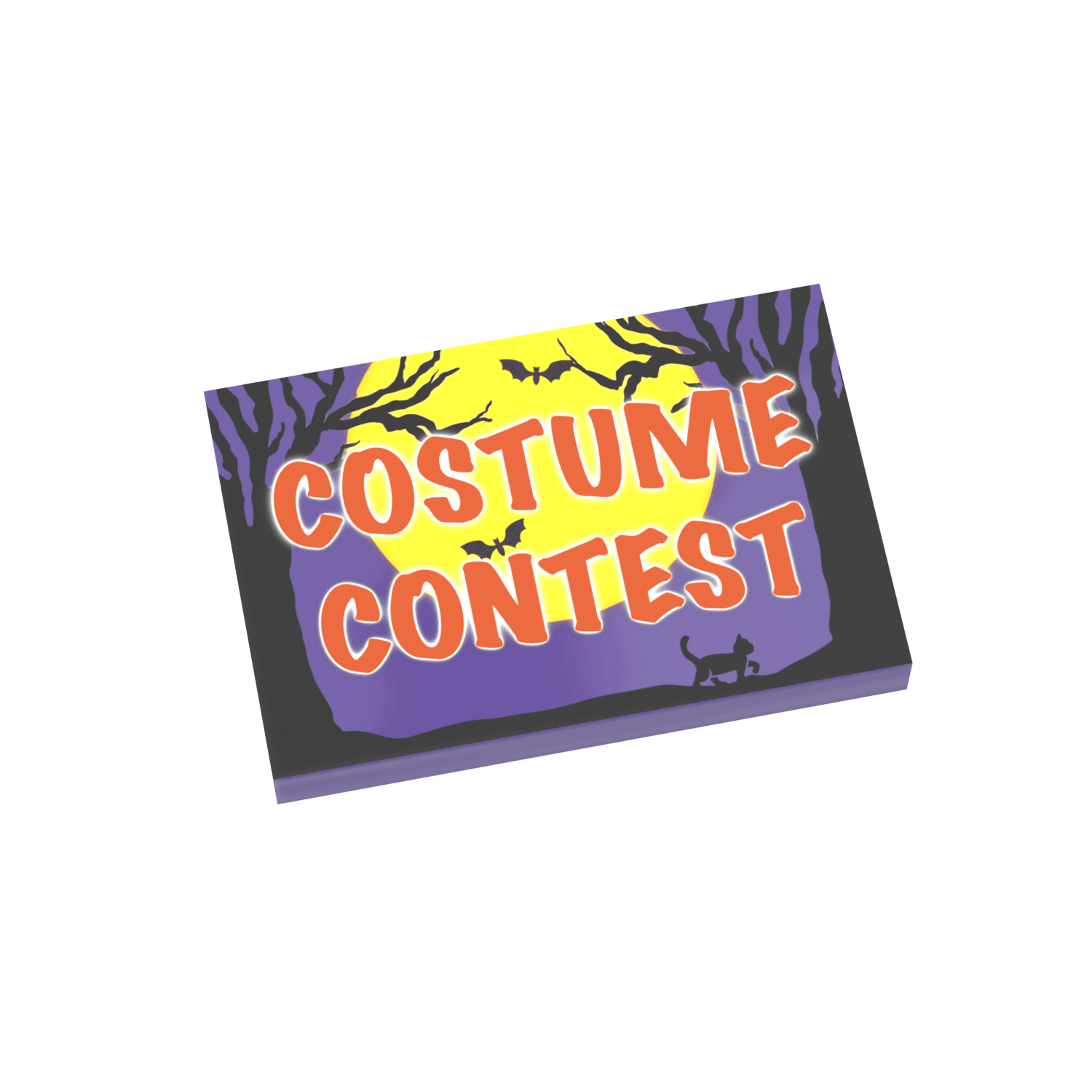 Halloween Costume Contest Sign with black trees a large yellow moon and bats printed on a purple LEGO tile on a black tile.