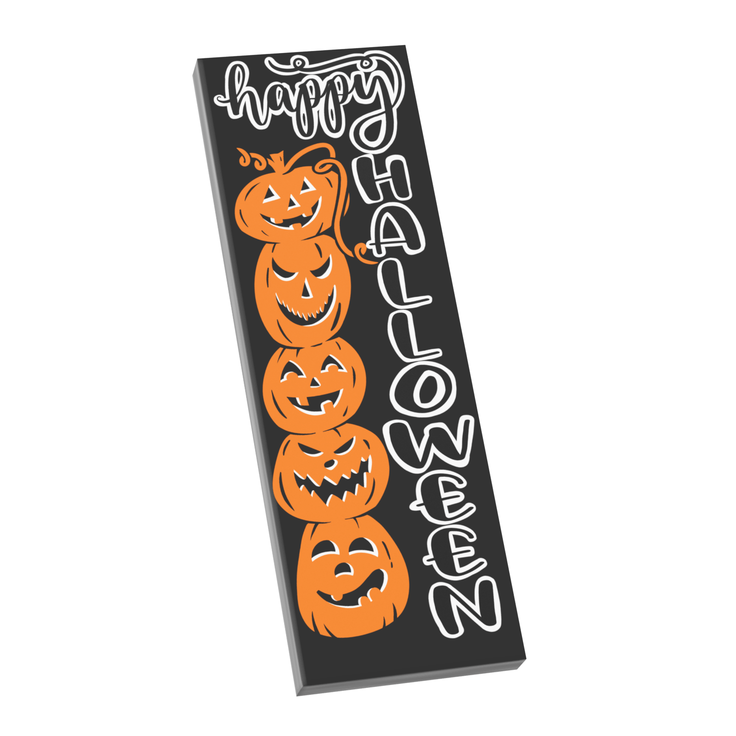 Hally Halloween Long porch sign with 5 orange scary and spooky pumpkins stacked on top of each all printed on a black LEGO tile, on a white background