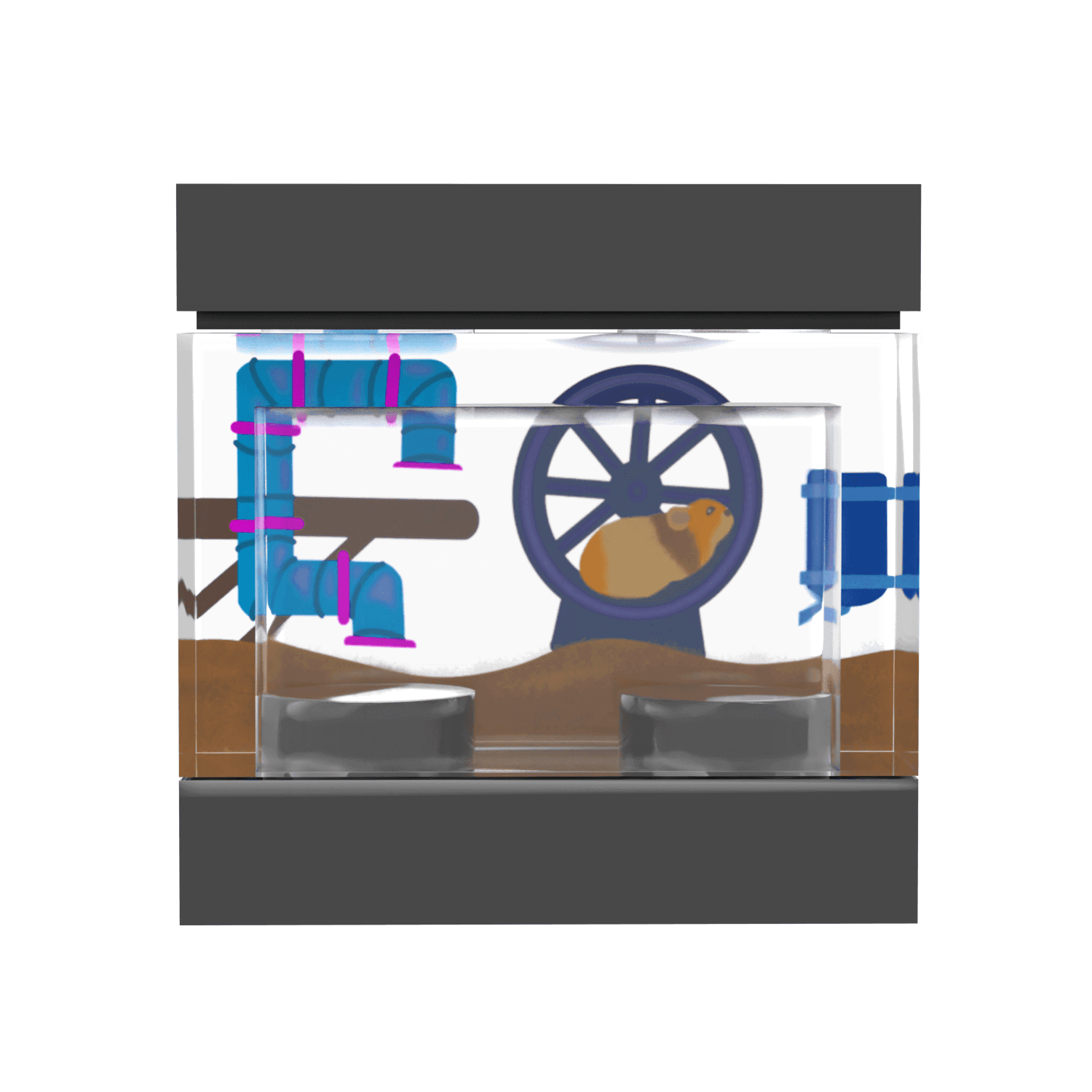 A clear-sided hamster habitat made using LEGO parts, featuring a running wheel, water bottle, and cozy bedding, with custom printed 'Minifig Scale'  on a LEGO brick.