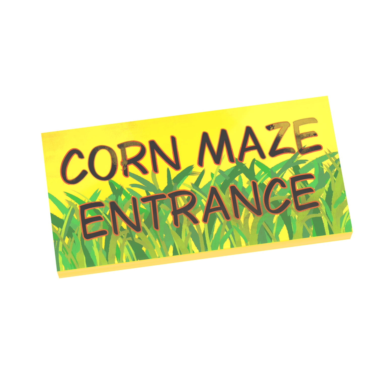 "Corn Maze Entrance" Sign in black with a red sign and green grass at the bottom printed on a yellow LEGO tile on a white background.