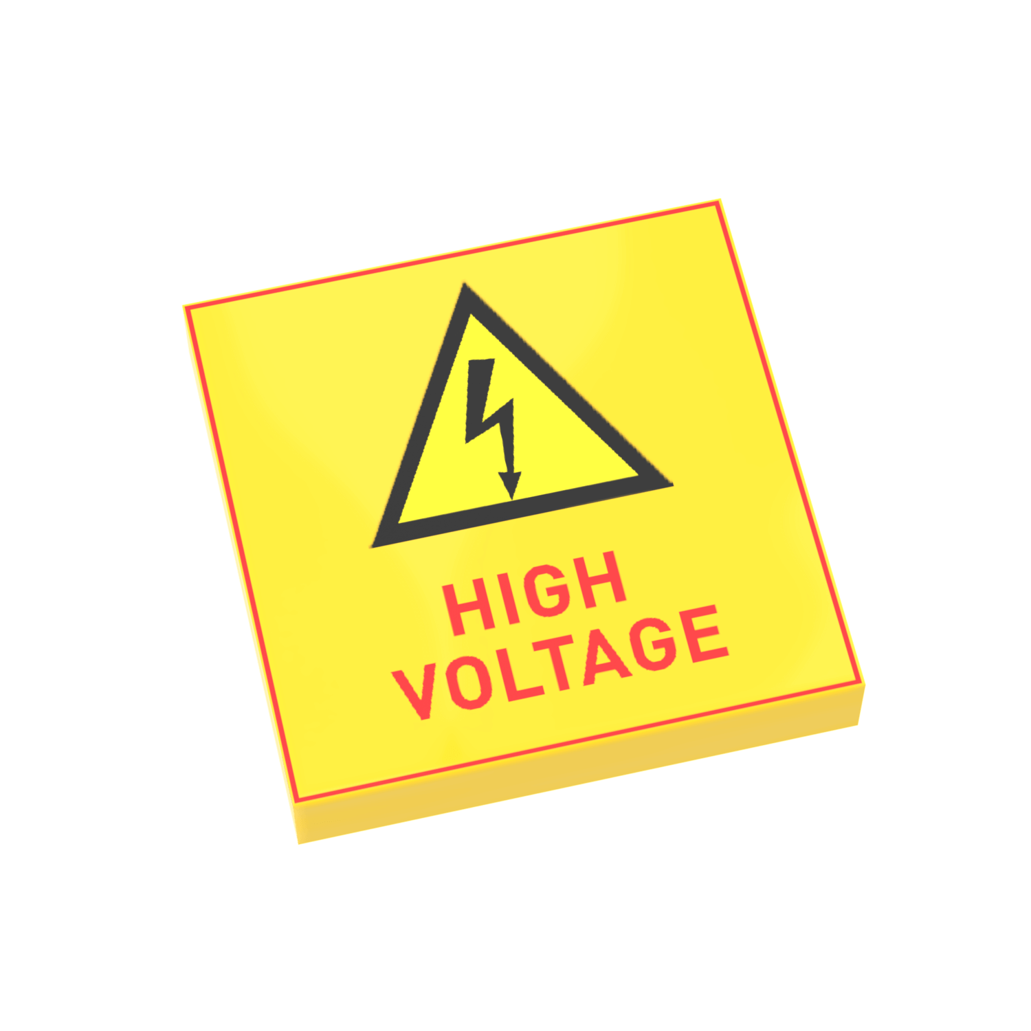 A custom printed sign with a yellow background, black triangle, and red text saying 'HIGH VOLTAGE', on lego.