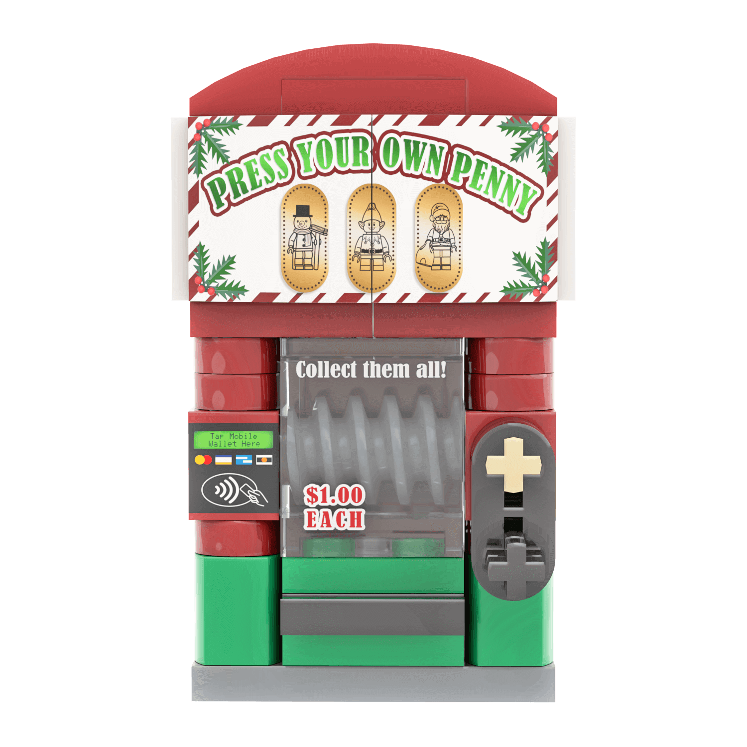 Penny press christmas holiday theme machine with a red and green design on a white background