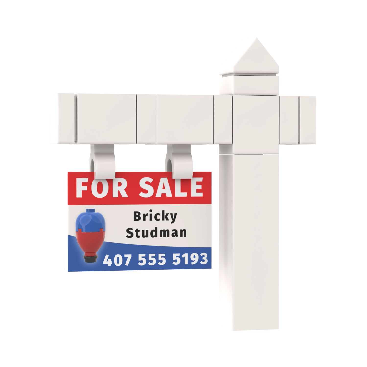 A mini build set resembling a 'FOR SALE' realtor sign with a white post and red sign, featuring a blue minifigure head and contact information.