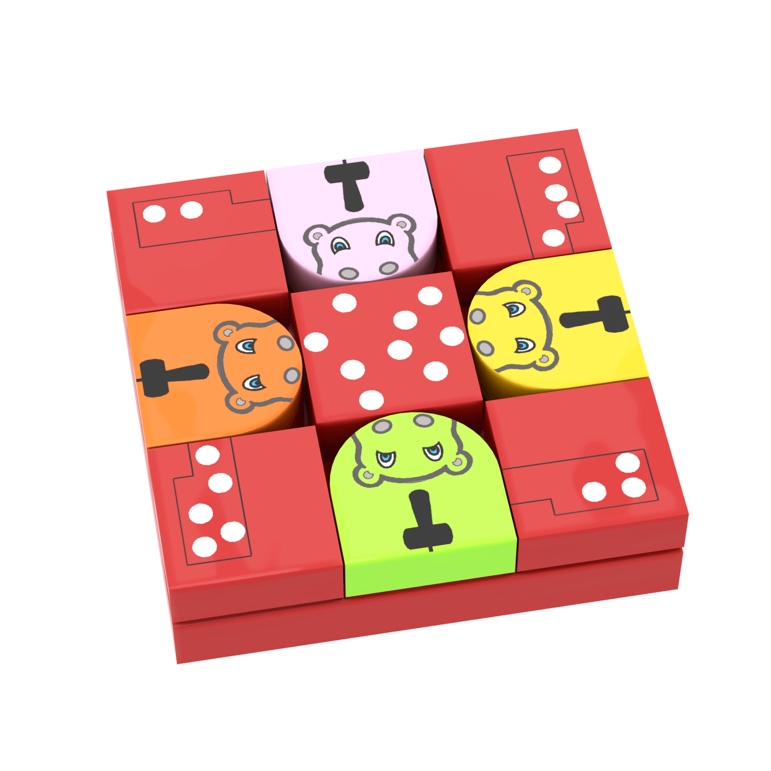 Colorful children's game hungry hippos blocks with animal and monster designs on a black background