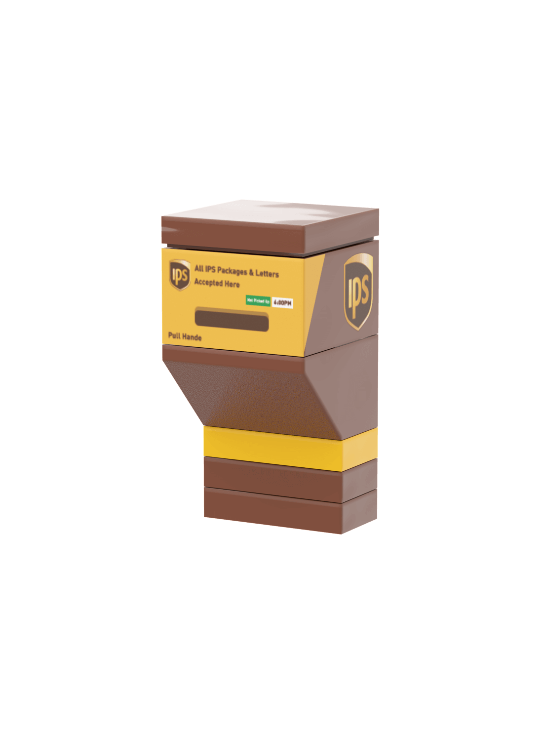 Brown and yellow IPS dropoff box with logo on a black background