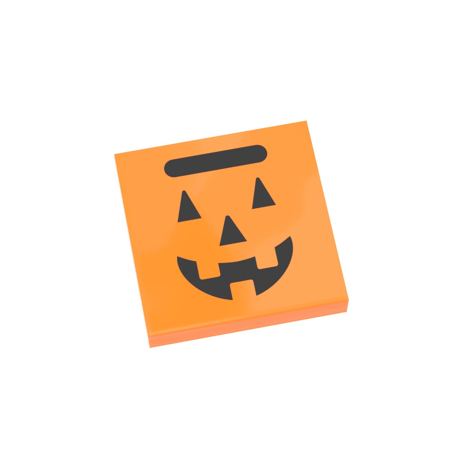 Jack O Lantern Treat Bag with a black hang hole and pumpkin face on an orange LEGO tile on a white background.