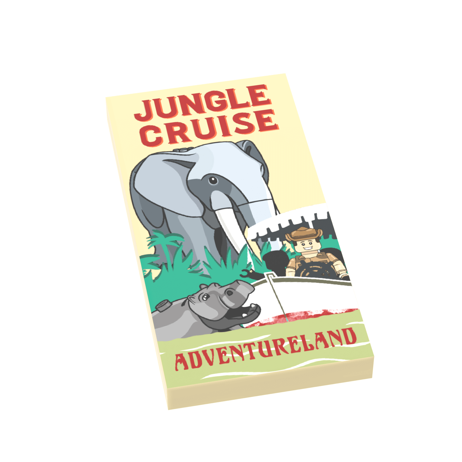 A custom printed LEGO 2x4 tile featuring illustrations of an elephant and a hippopotamus in a jungle setting, with a vintage style poster design including the text 'Jungle Cruise' and 'Adventureland'.