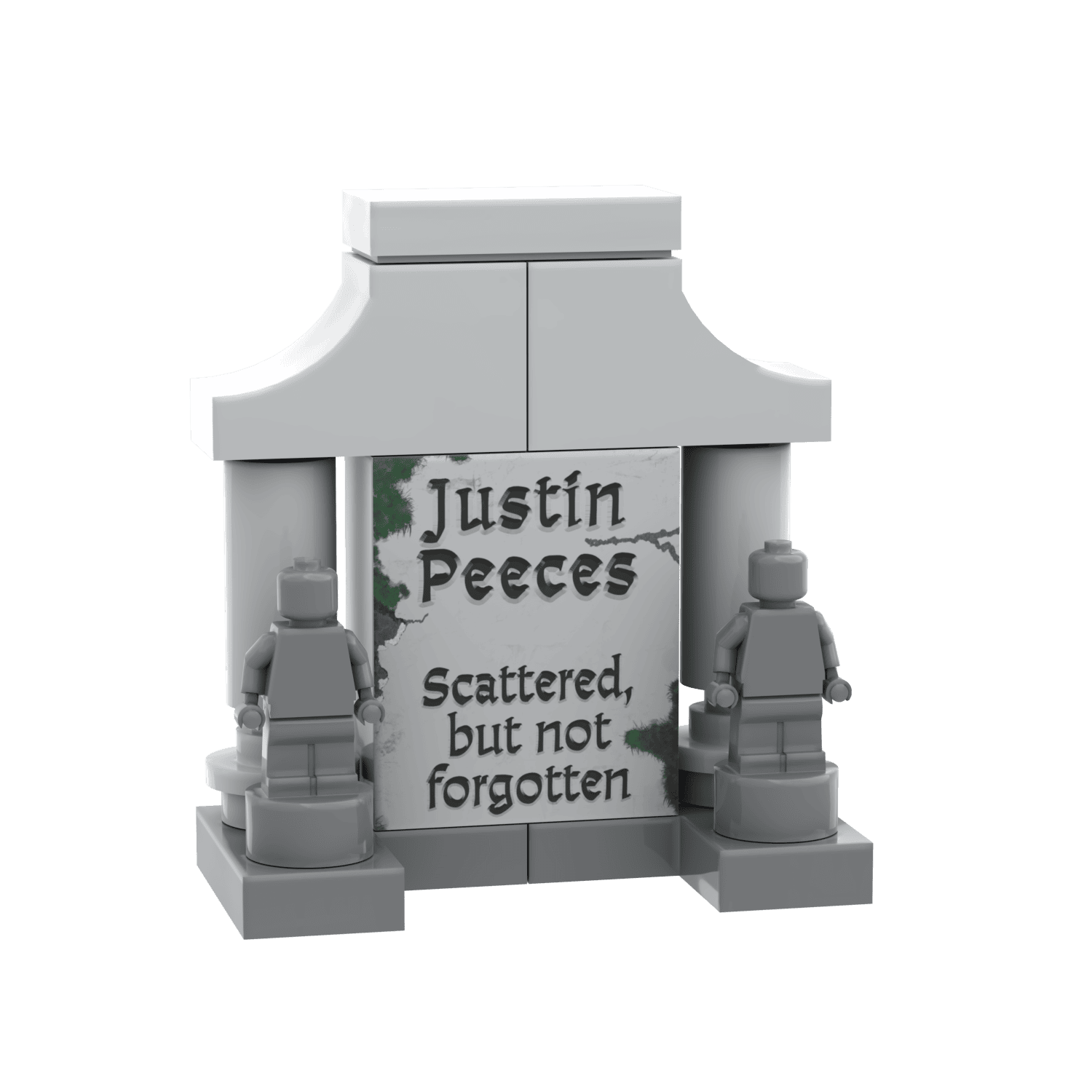 LEGO Gray gravestone with two figures and a plaque reading 'Justin Peeces Scattered, but not forgotten' on a transparent background.