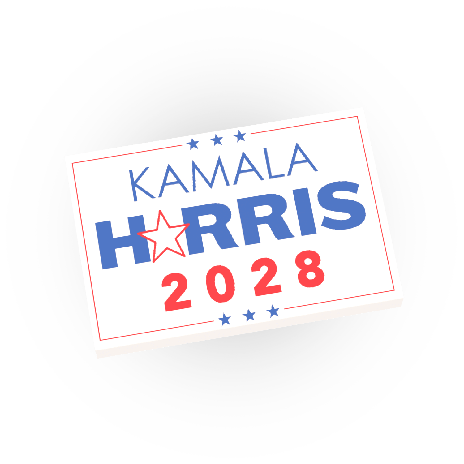 A custom-printed white LEGO tile with the text 'KAMALA HARRIS 2028' in red and blue, resembling a political campaign sign.