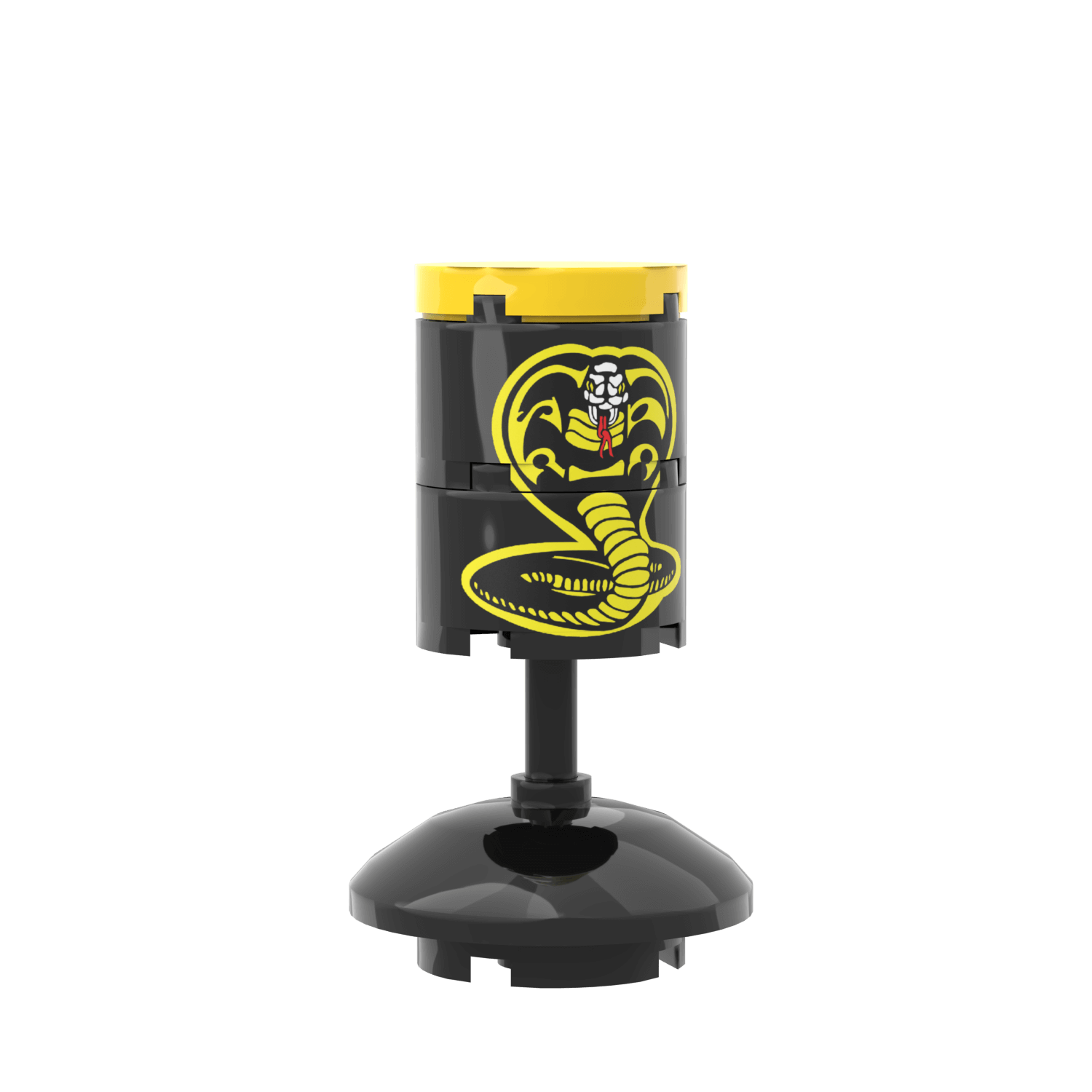 A freestanding karate punch/kick bag with a yellow and black snake logo, designed in minifig scale for LEGO figures.
