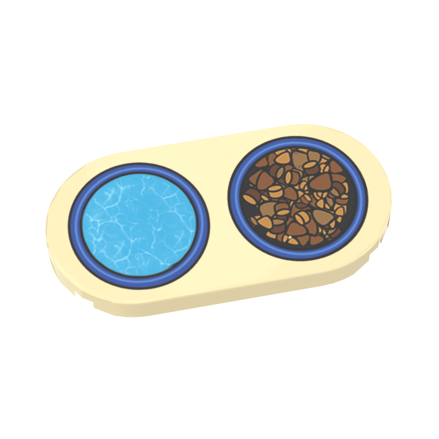 Illustration of a double pet feeder with blue and brown food compartments on a white background