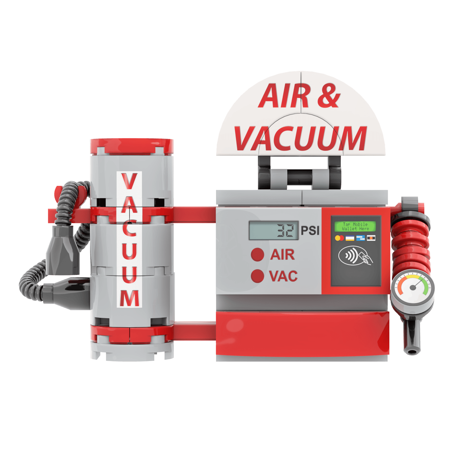 Custom LEGO building set of a car Air and vacuum machine red and grey themed with a white sign that reads "Air & Vacuum" and on a white background