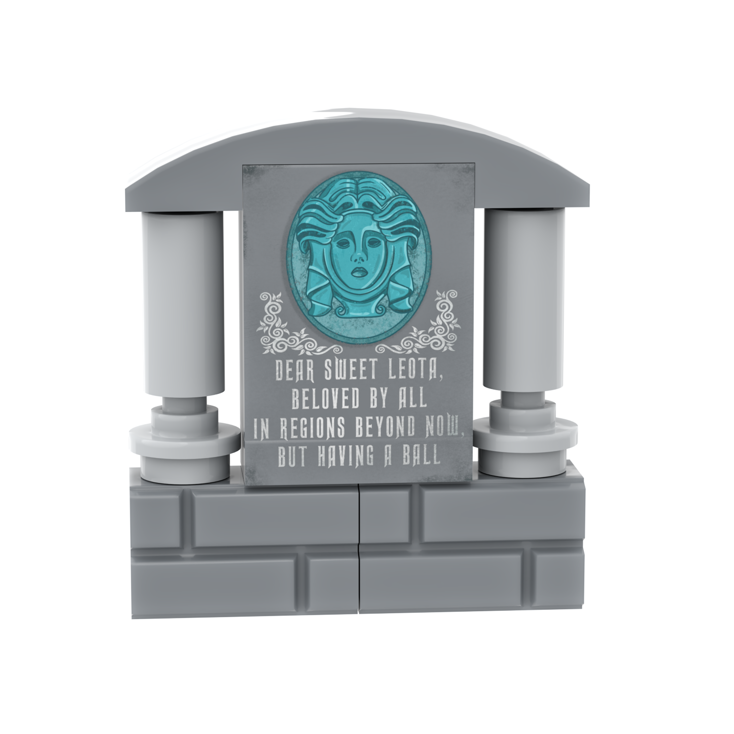 Brick built gray miniature tombstone with a sculpture of a lady's face white text on a white background