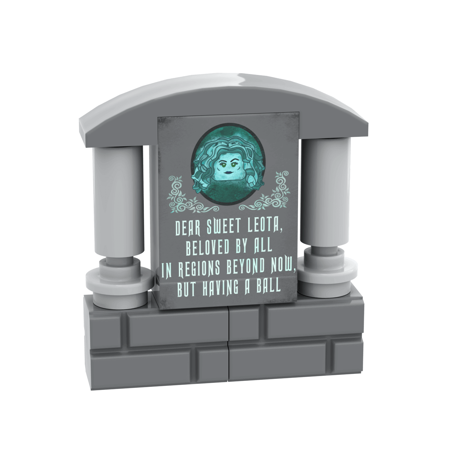 Gray miniature tombstone with text and an image on a white background