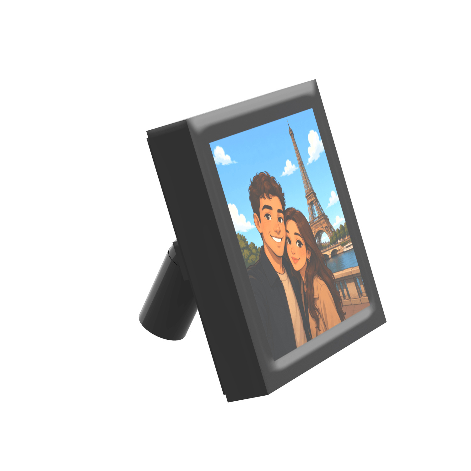 side angled view of a printed LEGO Photo Frame o f a couple on vacation in Paris with a black border on a white background.