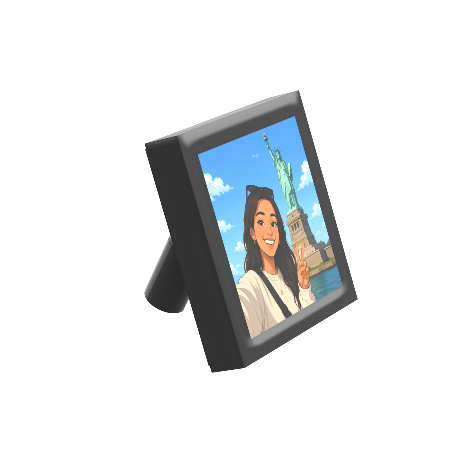 side angled view of a custom LEGO photo frame showing a lady in New York on vacation with a black border on a white background
