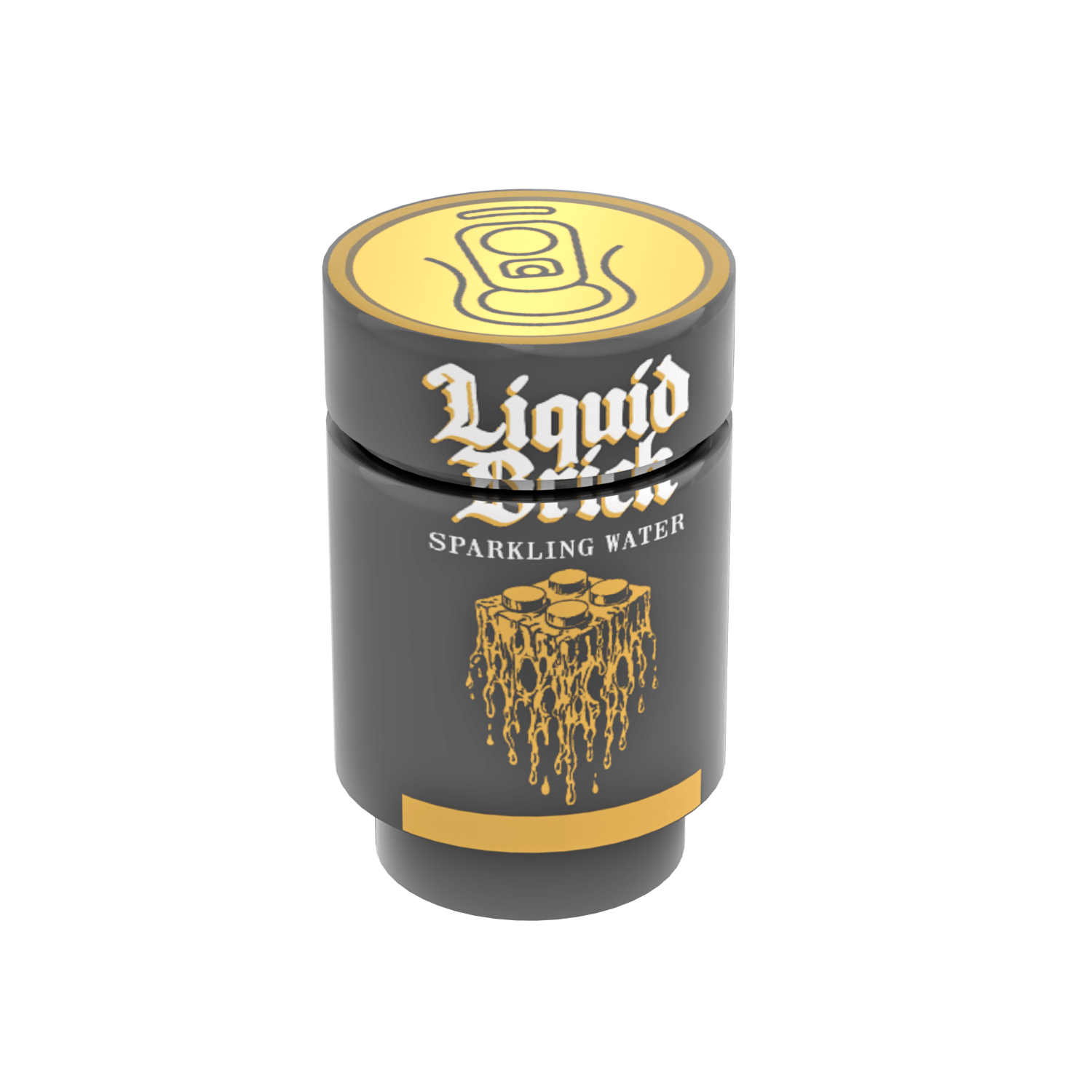 Liquid Death Sparkling Water  custom printed LEGO drink can, black brick and tile on a white background