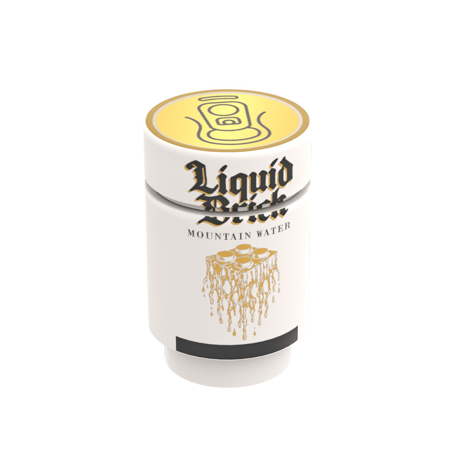 Liquid Brick mountain water custom printed LEGO drink, white brick and tile on a white background
