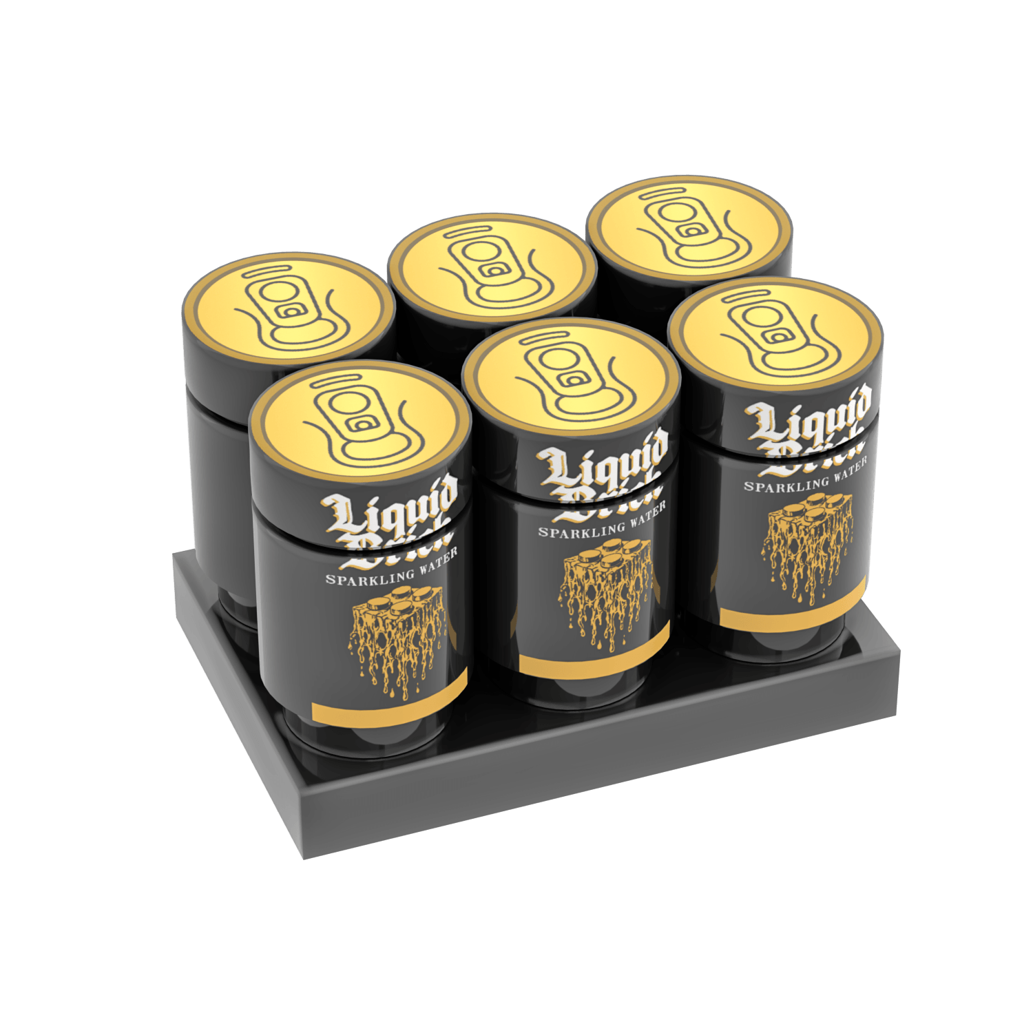 Six Liquid Death Sparkling Water LEGO drink cans on a black LEGO plate on a white background