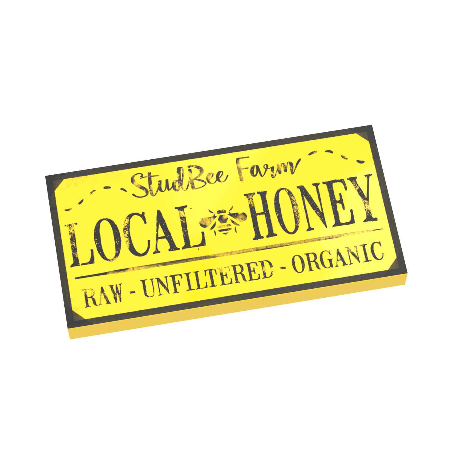 Honey Sign on a Yellow Sing in black "StudBee Farm Local Honey" in Text printed on a Yellow LEGO tile on a white background.