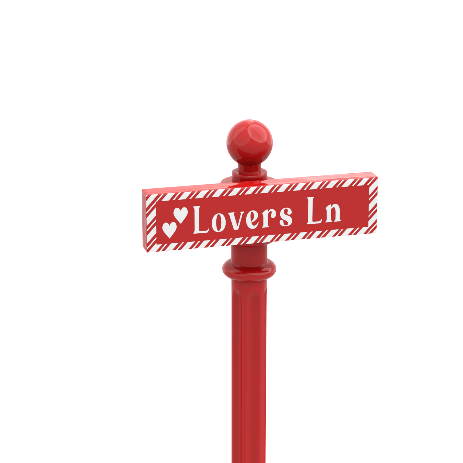 Red LEGO street sign with Lovers Lane printed on the sign, on a red post.
