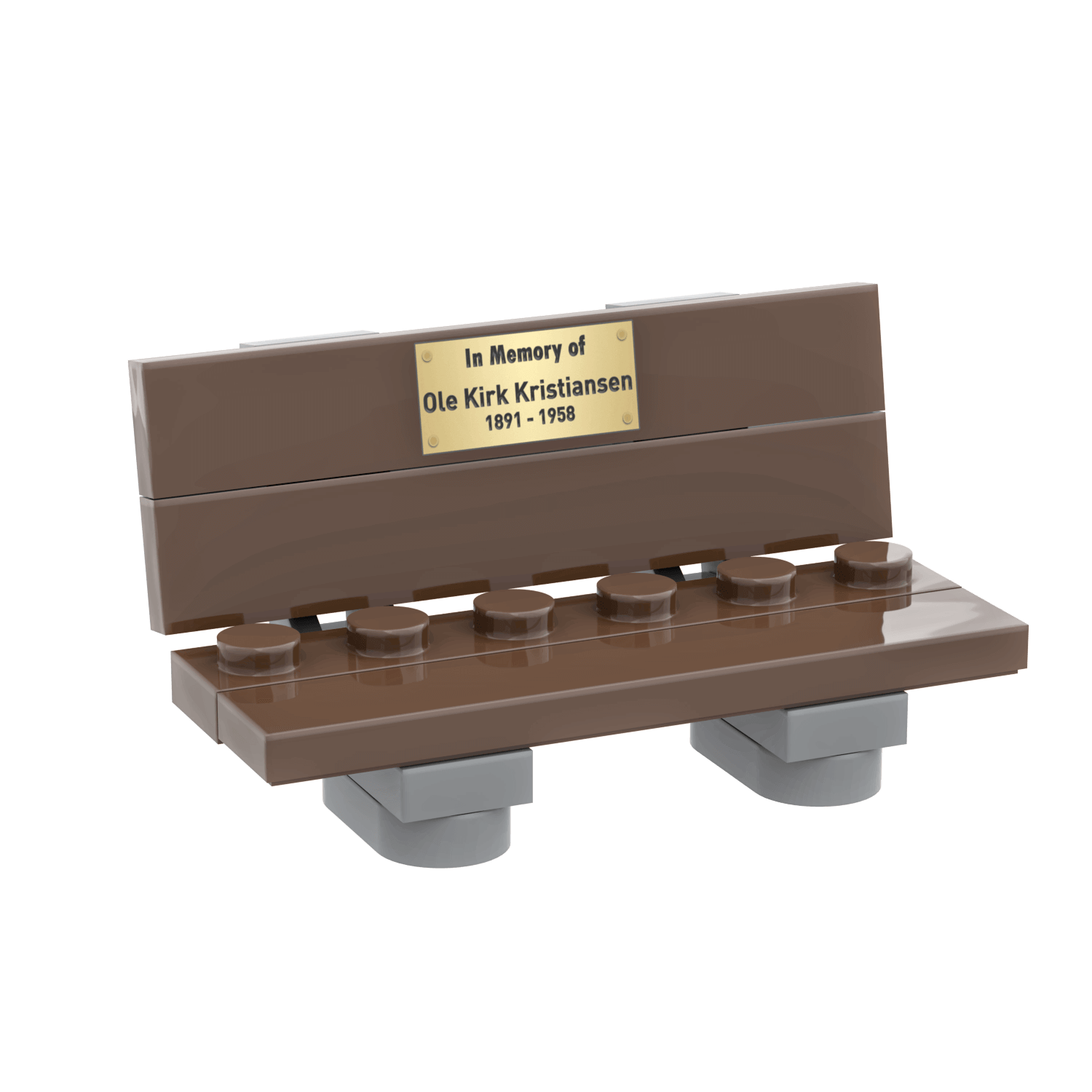 Brown bench with a plaque on a white background