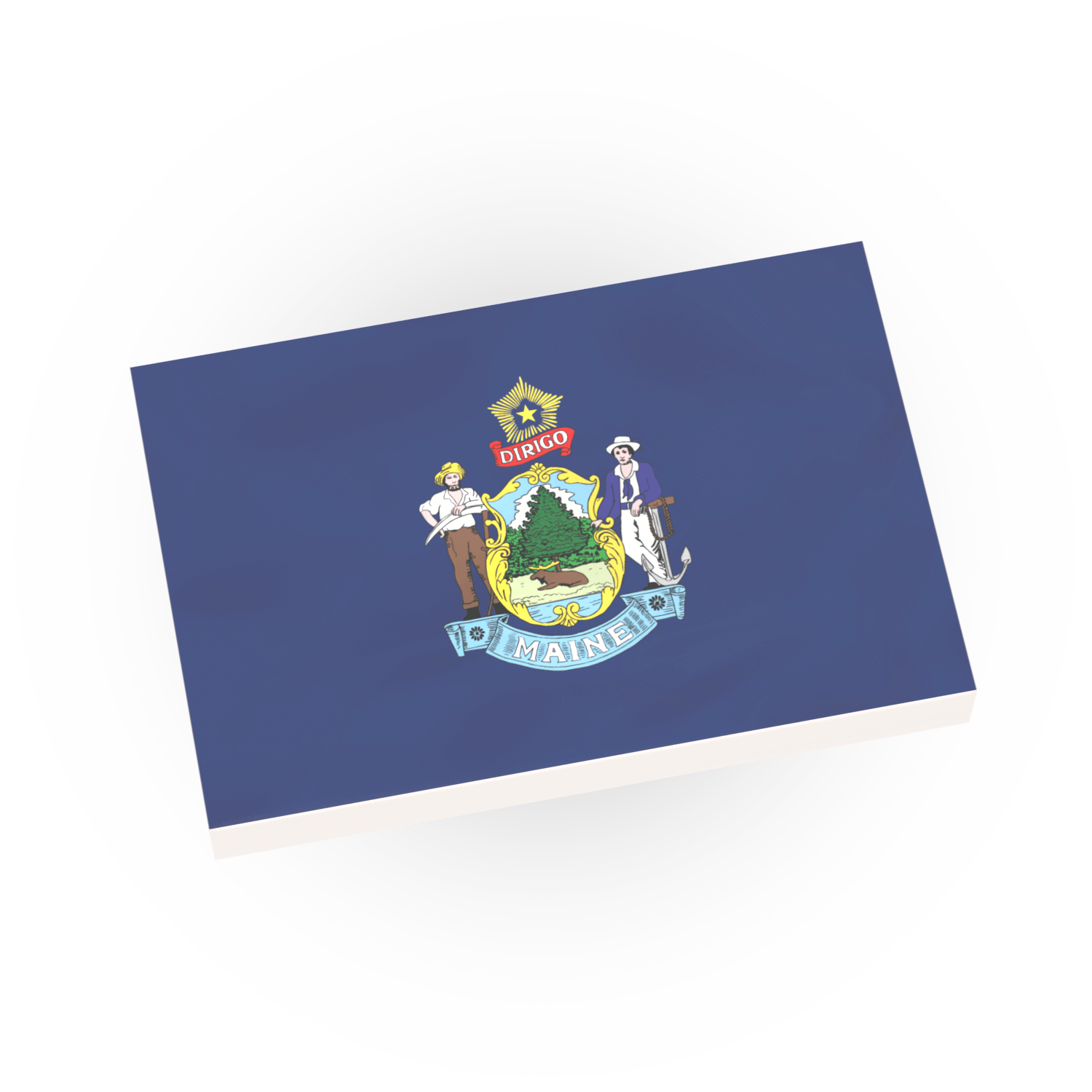Custom printed Maine State flag on a white 2x3 Lego tile.