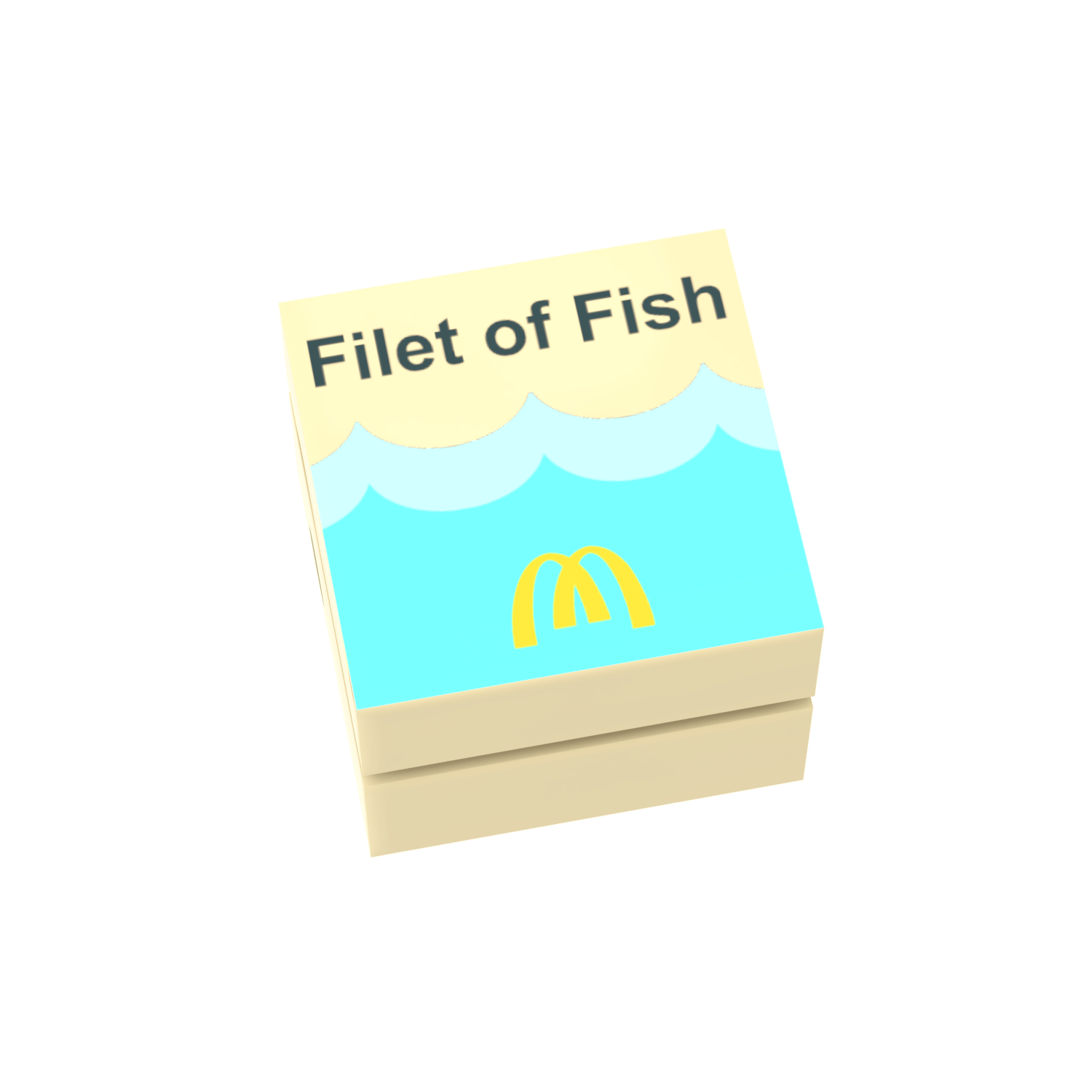A custom-printed LEGO box resembling a filet of fish fast-food item with a predominantly yellow and blue color scheme.