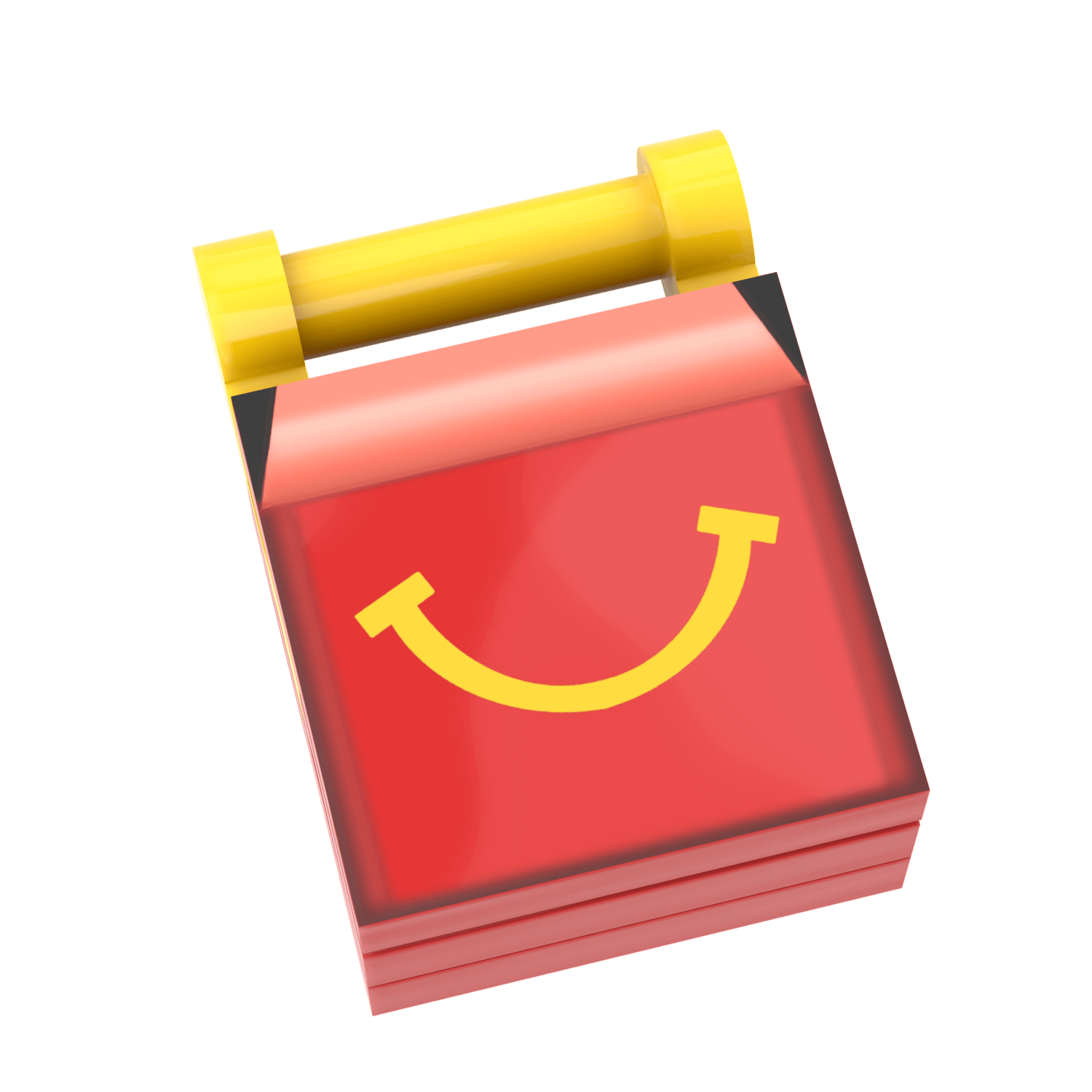 A custom-printed red and yellow box with a smiley face, resembling a fast food meal box, made using LEGO parts.