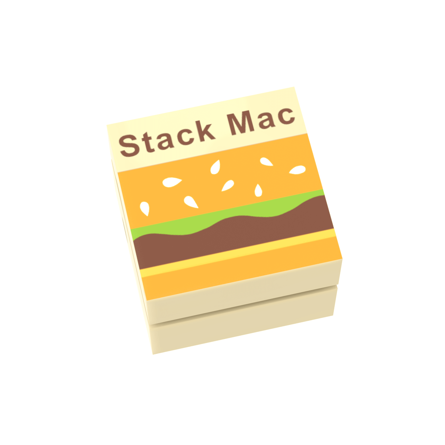 A custom-printed LEGO box resembling a triple-layer burger with the text 'Stack Mac' on the top layer.