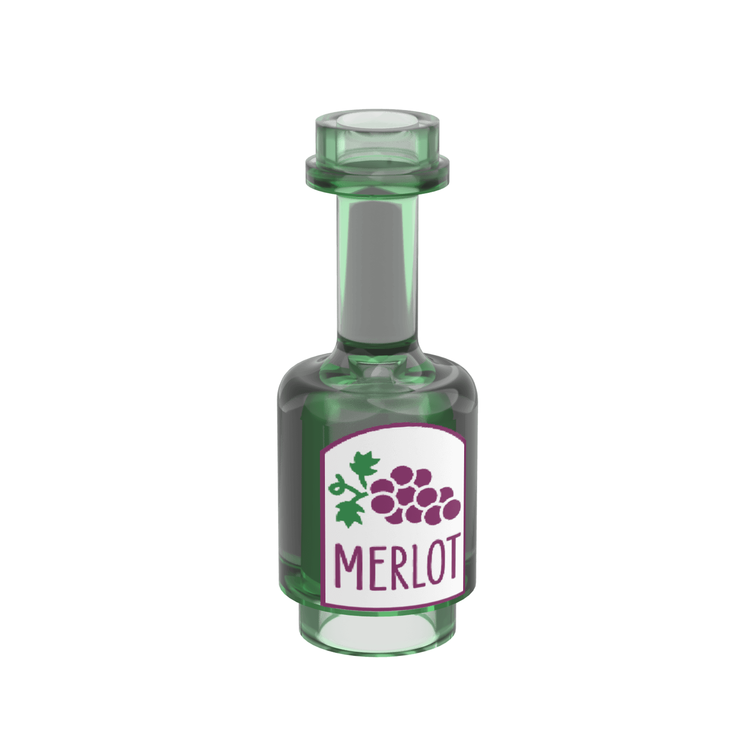 A custom-printed green LEGO bottle with 'MERLOT' text and grape graphics on the label.