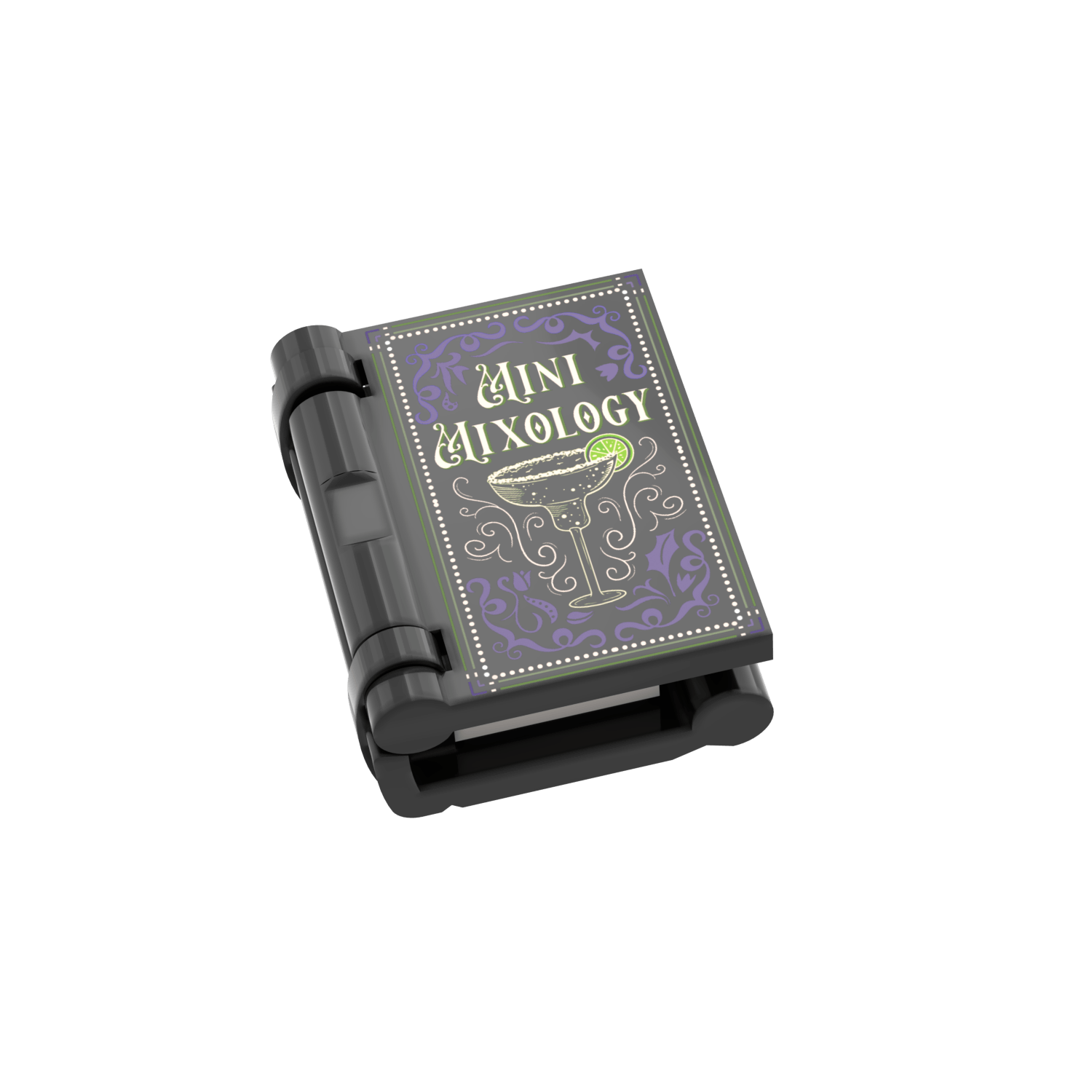 A miniature book-shaped LEGO accessory labeled 'Mini Mixology' with a dark gray body and a purple cover featuring gold decorative text and a cocktail illustration, shown on a solid black background.