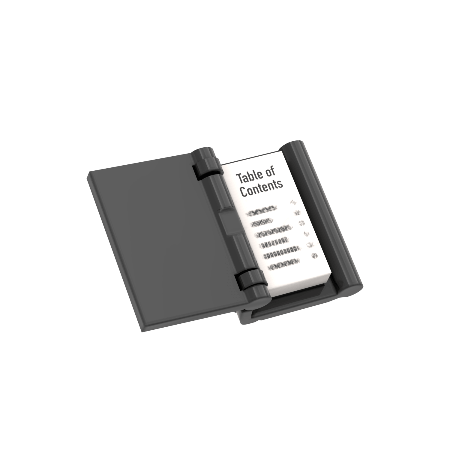 A custom LEGO mixology book shown open against a solid black background, with a white insert labeled 'Table of Contents' visible inside.