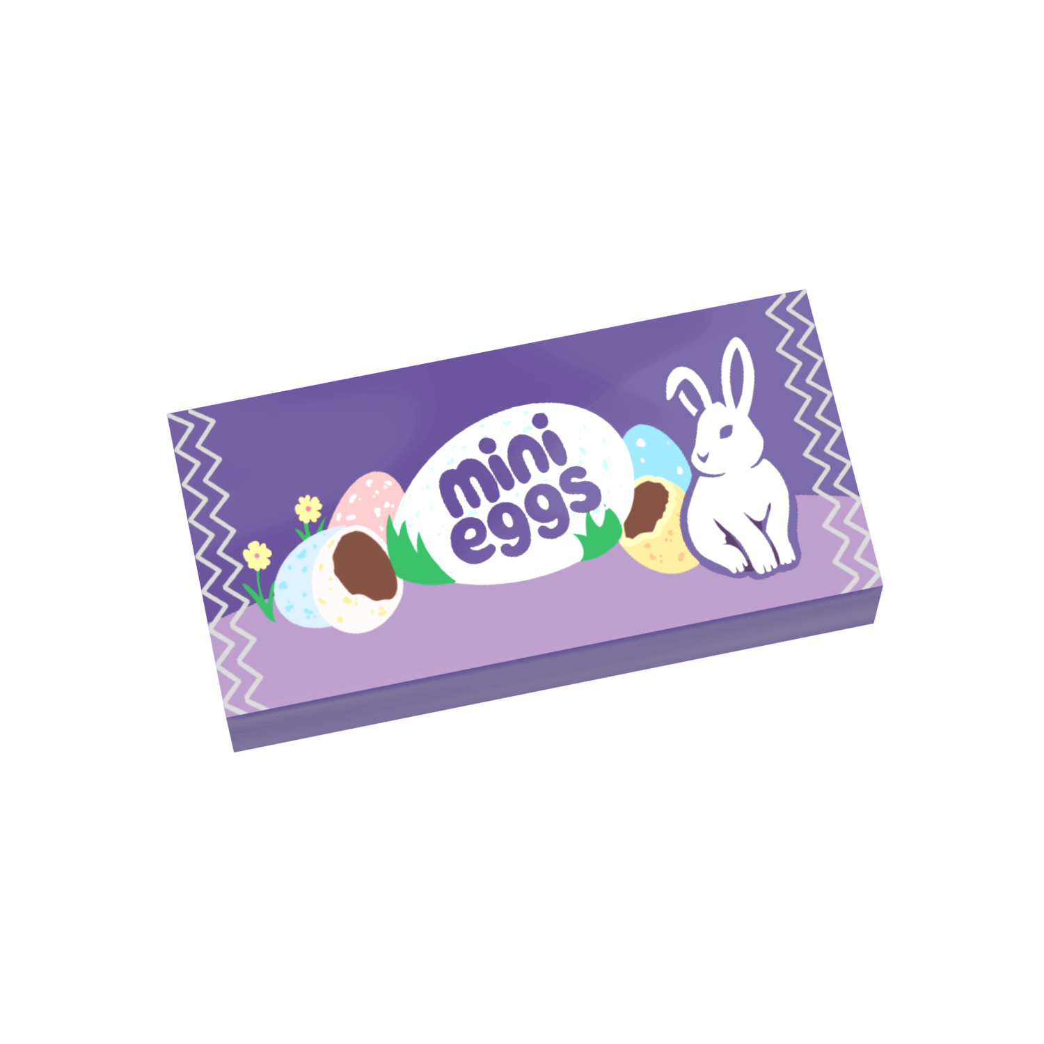 Mini Eggs text with a bunny and eggs on a purple LEGO tile