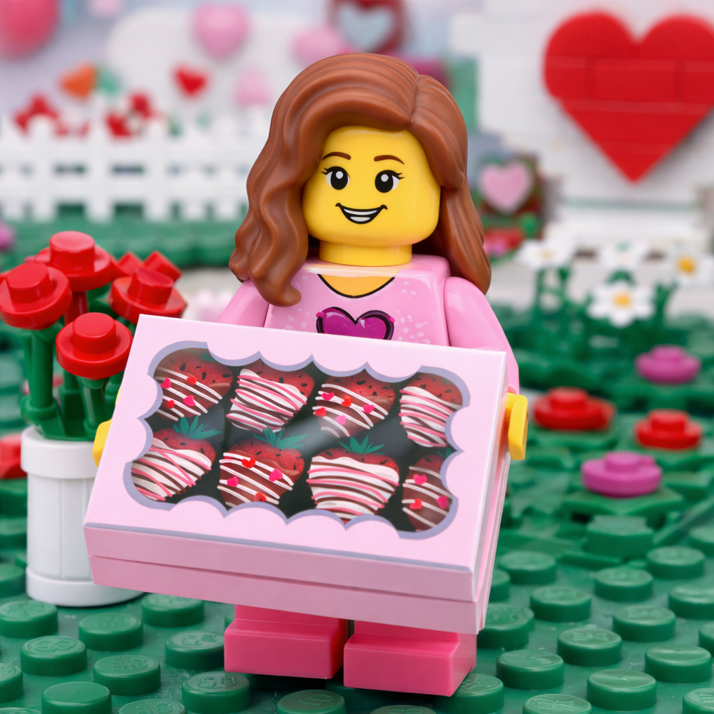 minifig holding a box of heart-shaped treats with a festive valentines background