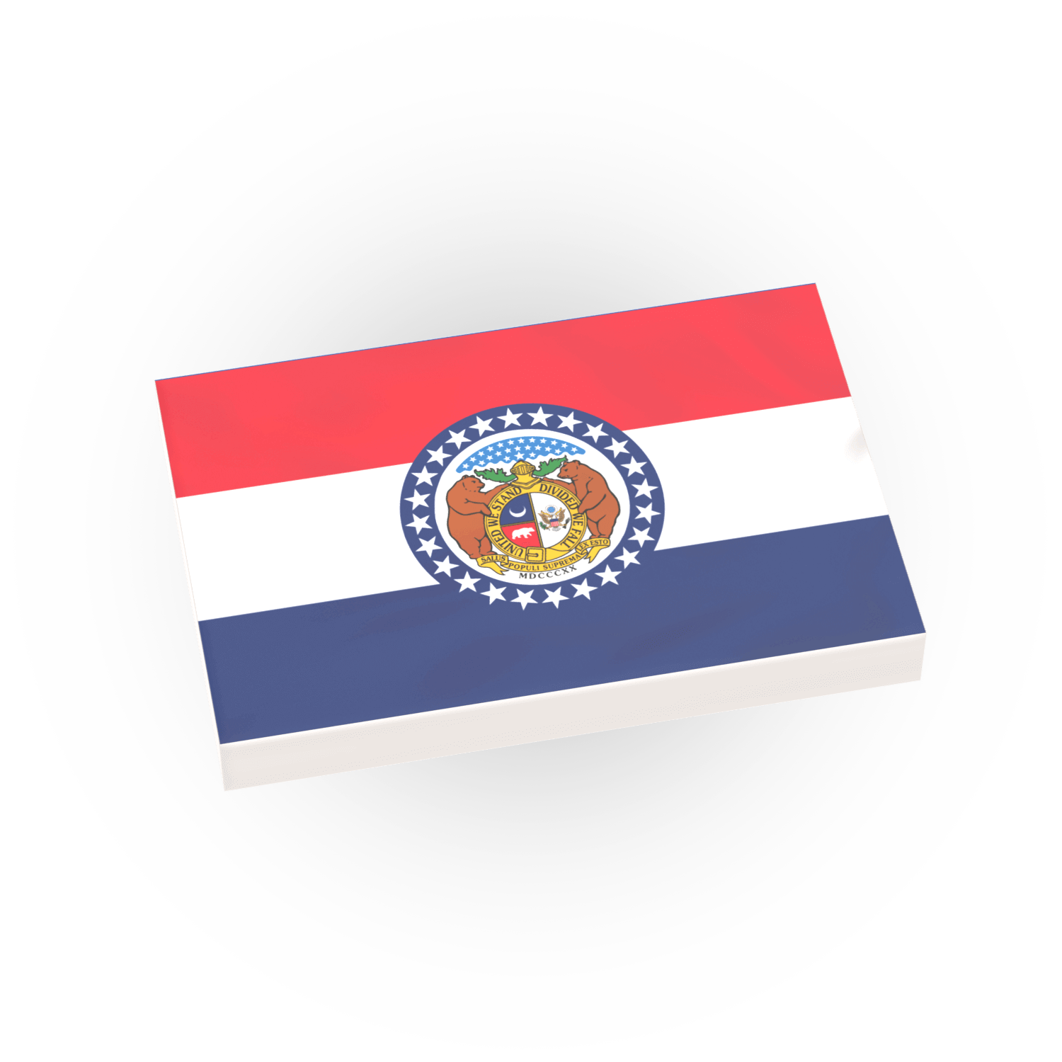 Flag of Missouri printed on a lego tile on a white background