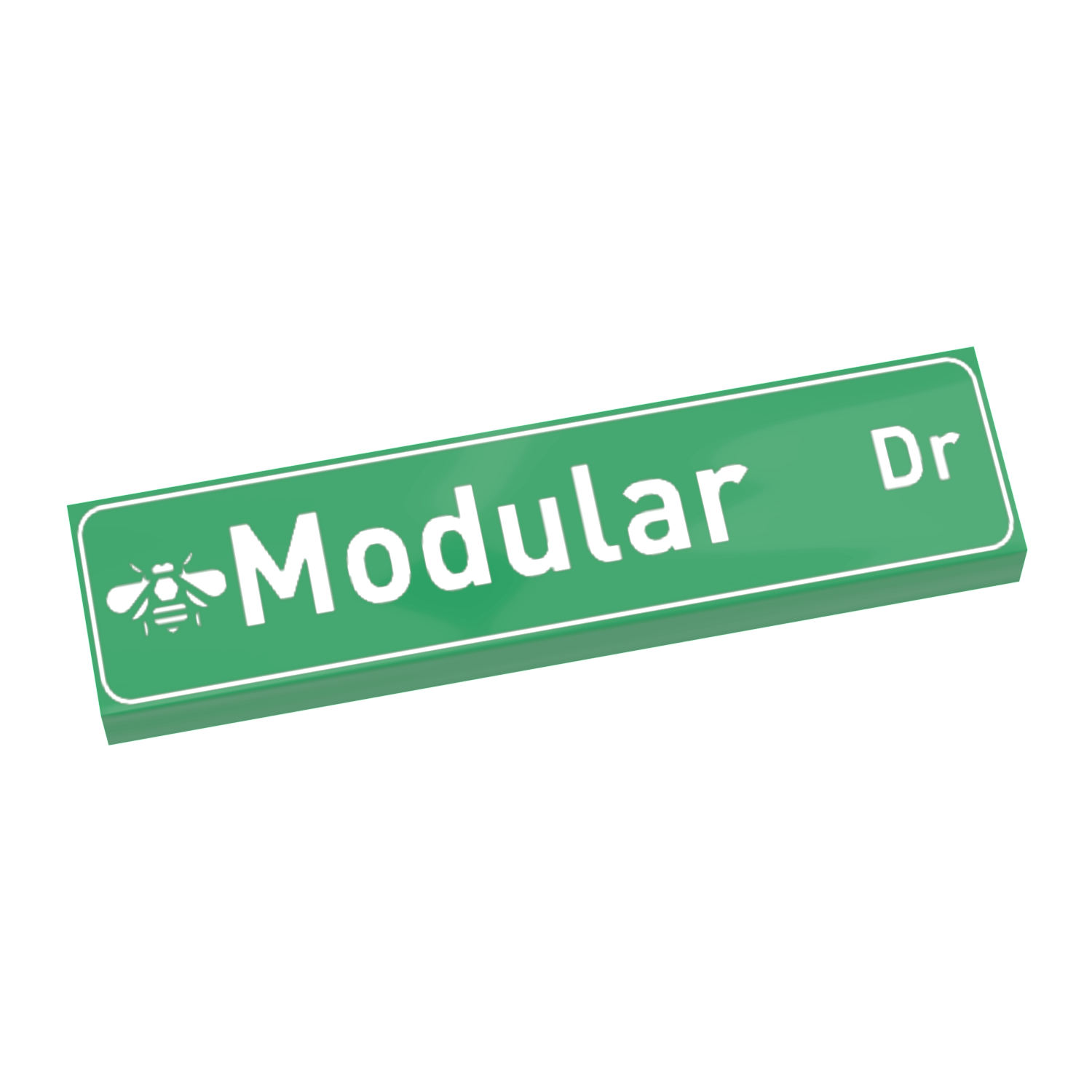 A green street sign with white text saying 'Modular Dr' and a small LEGO logo on the left side.