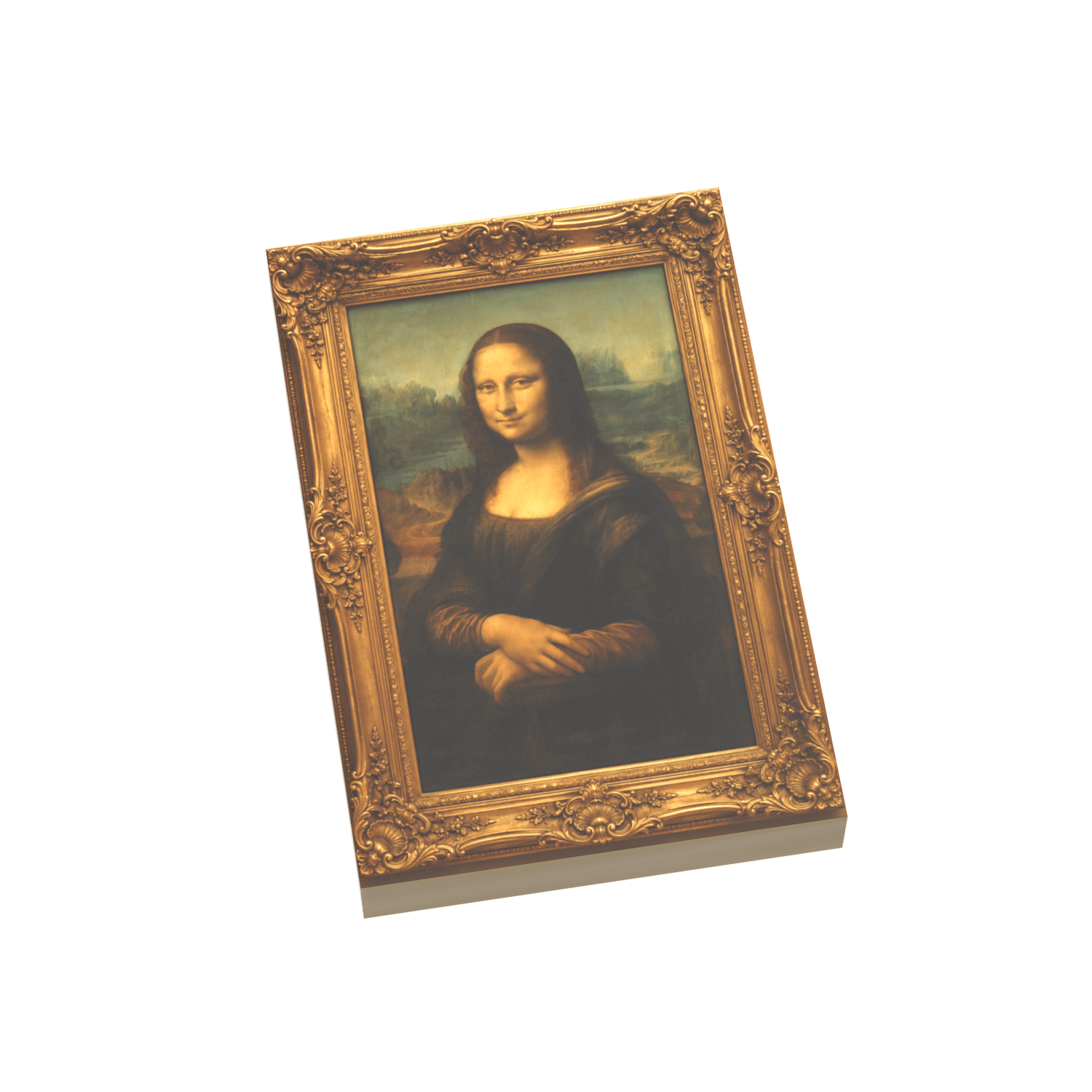 Framed Mona Lisa Artwork printed on a Dark Tan LEGO tile on a white background.