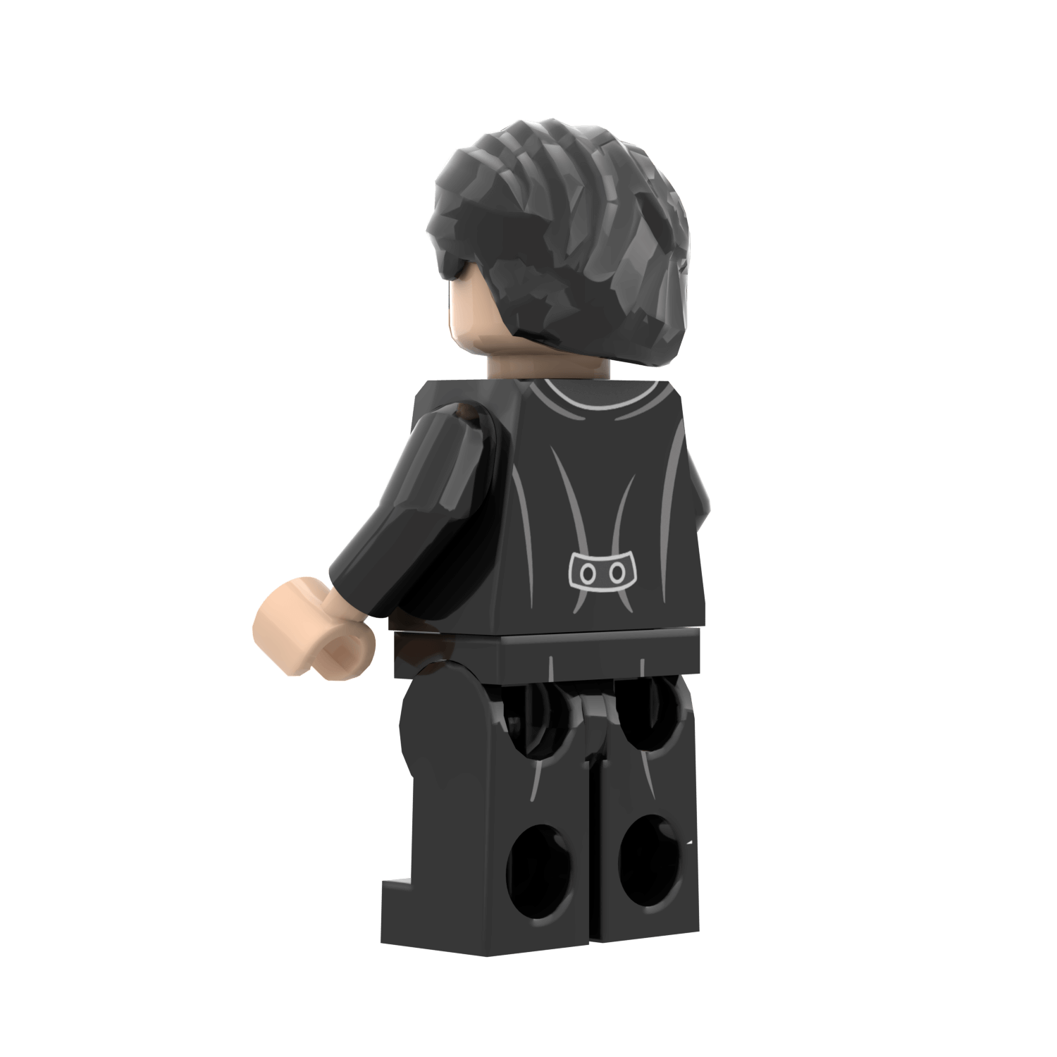 Custom Minifig of Mr Darcy rear view with a dark shirt and pants on a black background made from LEGO parts