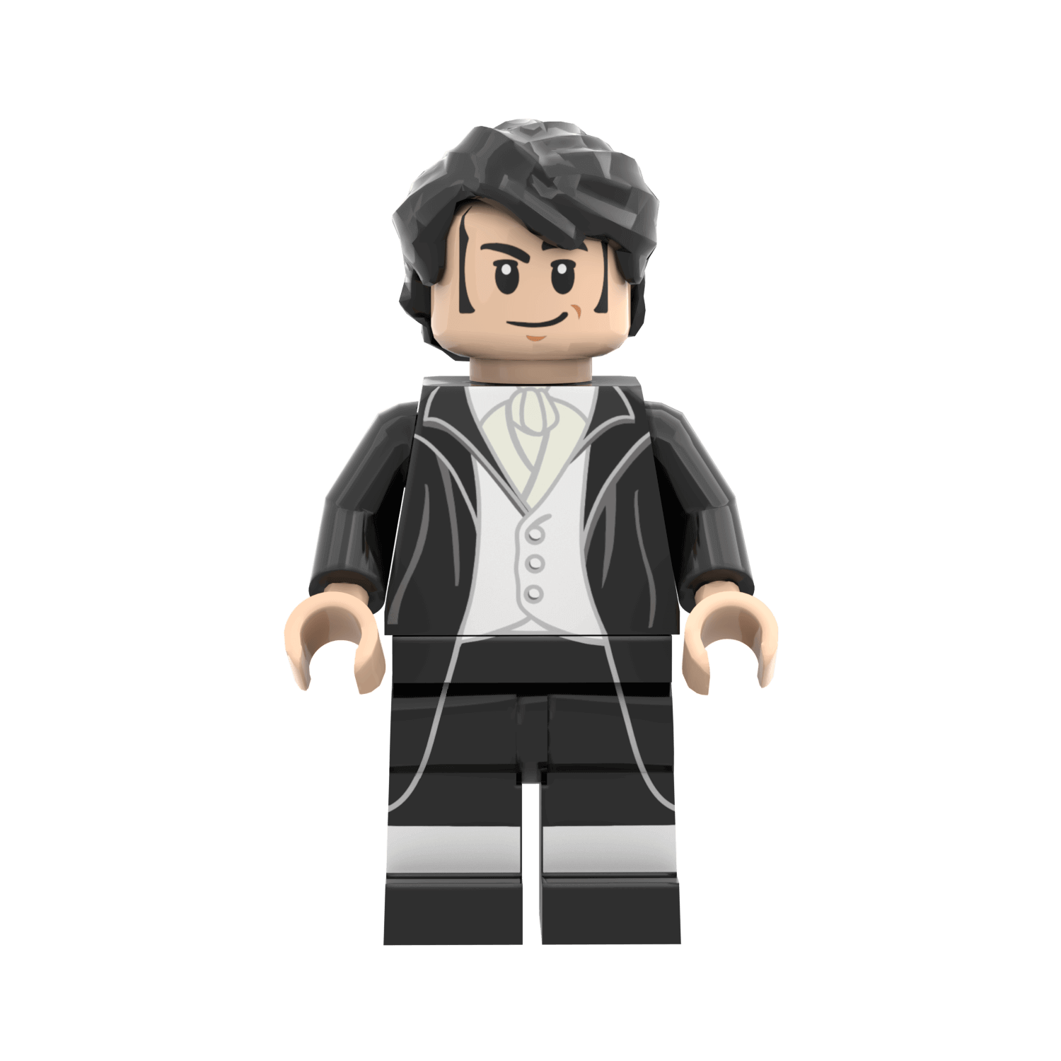 Minifig of Mr Darcy with black hair and formal attire made from LEGO parts