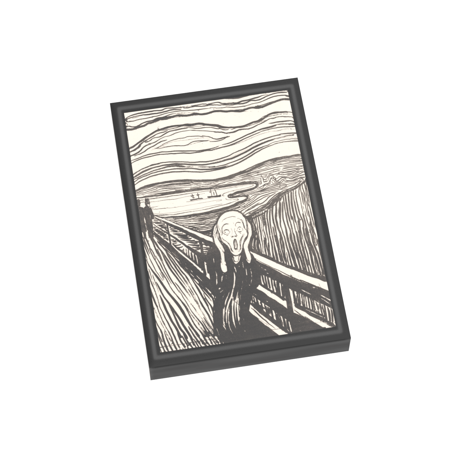 Munch's The Scream artwork printed on a black LEGO tile on a white background