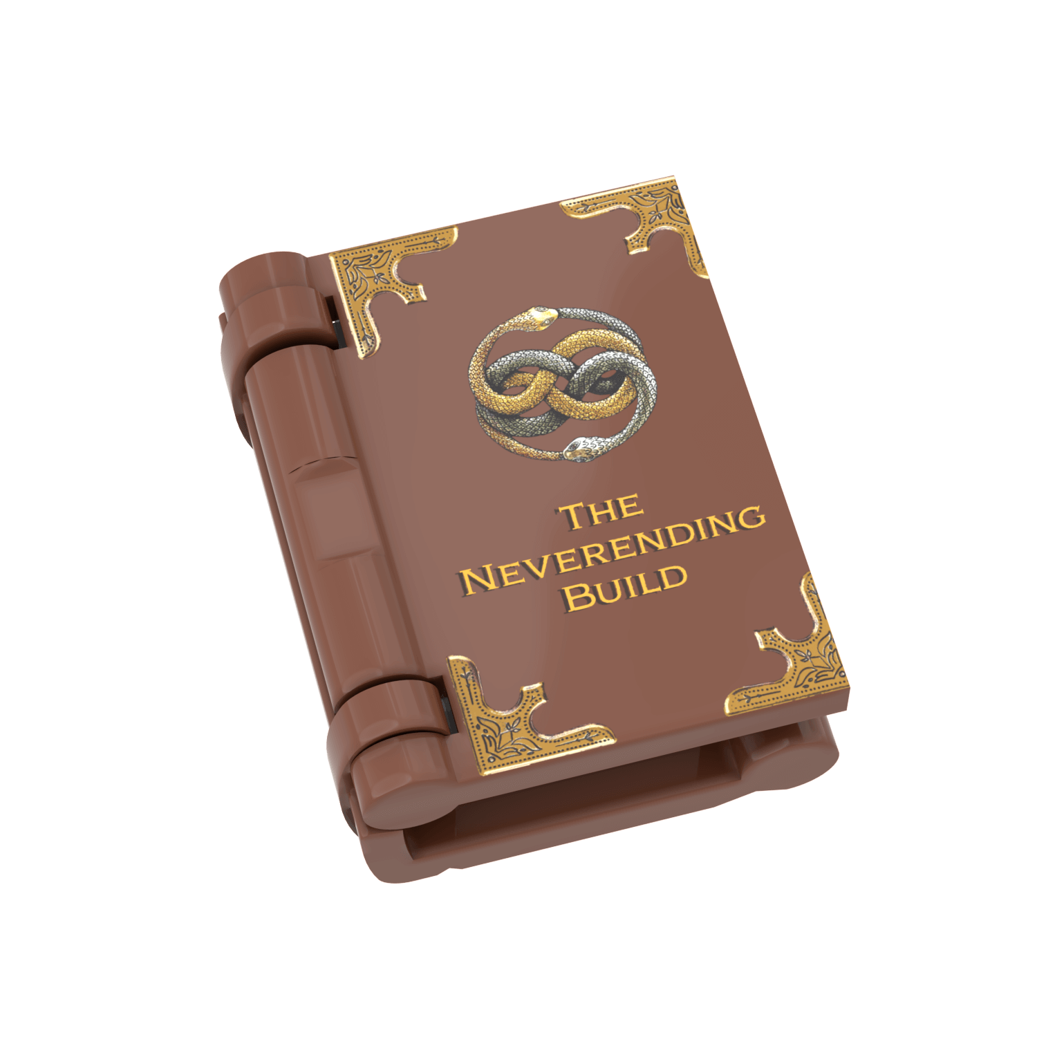 A brown and gold book titled 'The Neverending Build' with intricate designs and a LEGO logo on the cover.