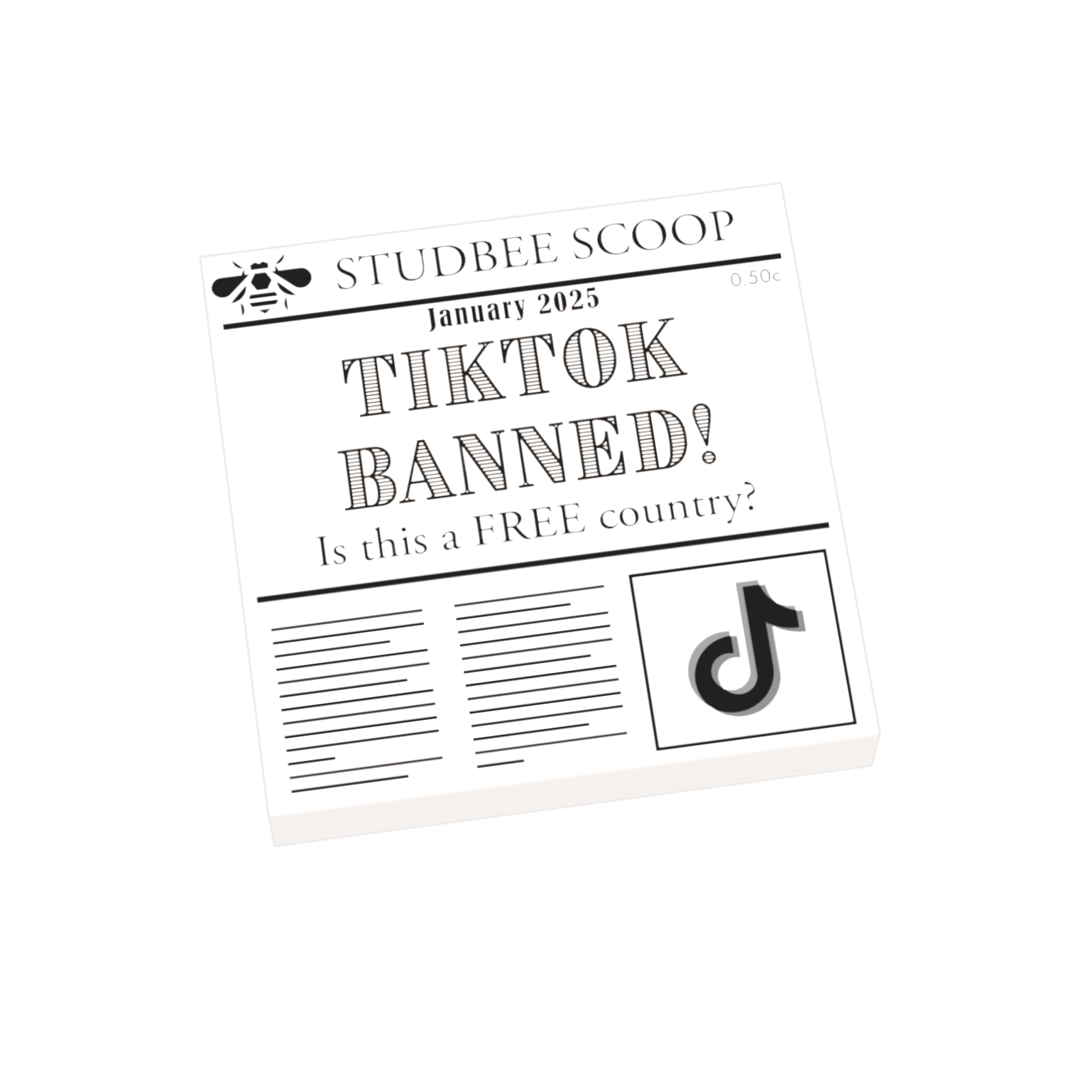 A custom printed Lego tile with a headline 'TIKTOK BANNED!' and a question mark graphic, indicating a fictional event.