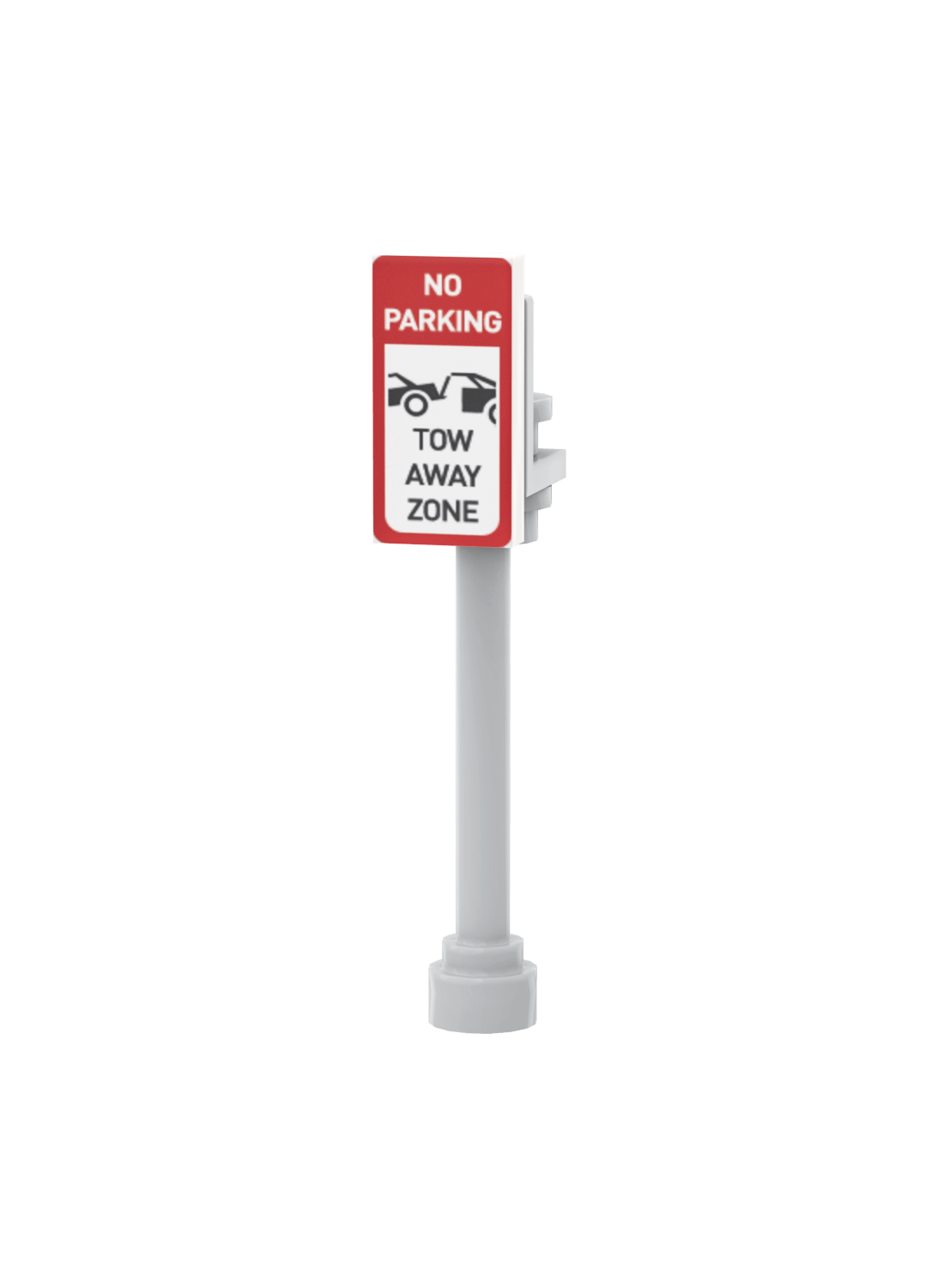 Custom Printed LEGO mini built "no parking sign" with a red border and white background on a grey post with a white background