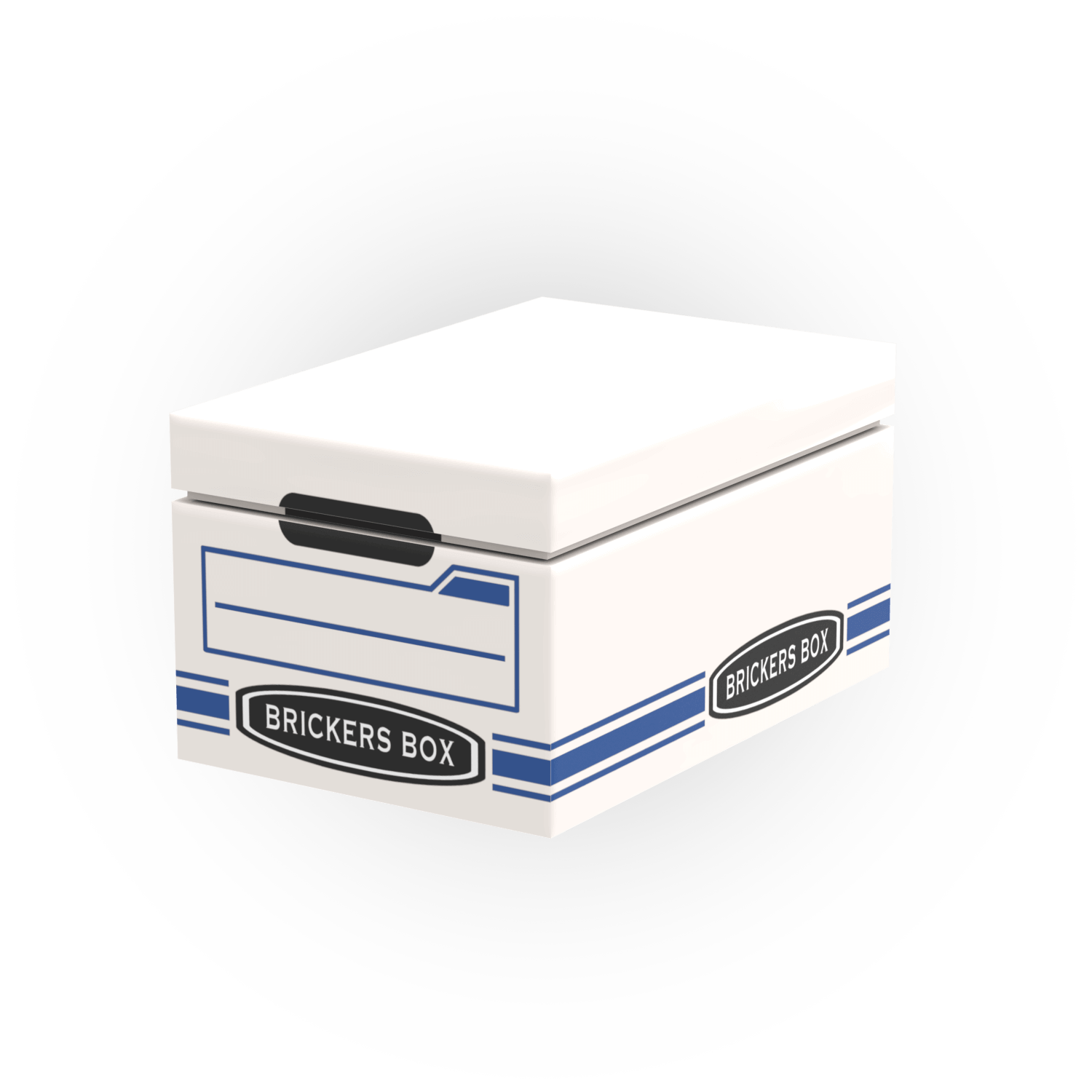 White file box with blue stripes and 'Brickers Box' branding on a white background
